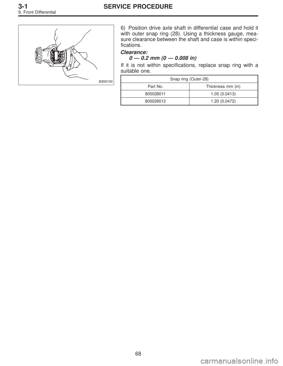 SUBARU LEGACY 1995  Service Repair Manual B3M0100
6) Position drive axle shaft in differential case and hold it
with outer snap ring (28). Using a thickness gauge, mea-
sure clearance between the shaft and case is within speci-
fications.
Cle