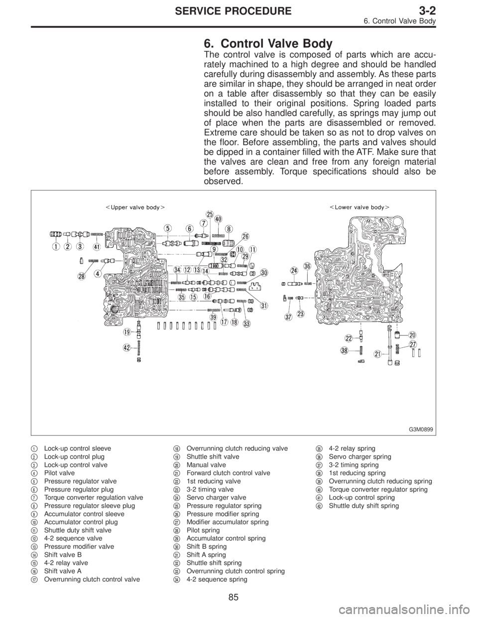SUBARU LEGACY 1995  Service Repair Manual 6. Control Valve Body
The control valve is composed of parts which are accu-
rately machined to a high degree and should be handled
carefully during disassembly and assembly. As these parts
are simila