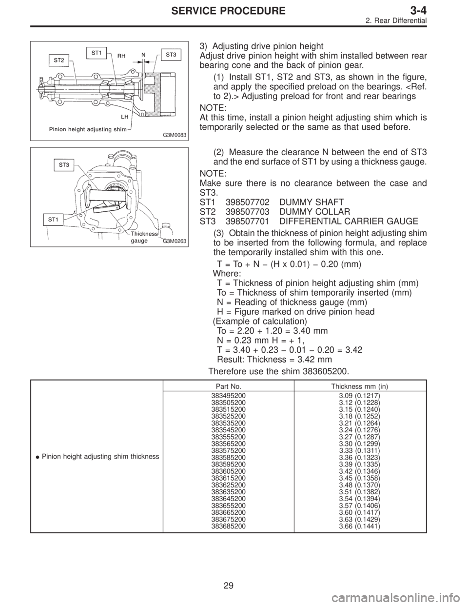 SUBARU LEGACY 1995  Service Repair Manual G3M0083
3) Adjusting drive pinion height
Adjust drive pinion height with shim installed between rear
bearing cone and the back of pinion gear.
(1) Install ST1, ST2 and ST3, as shown in the figure,
and