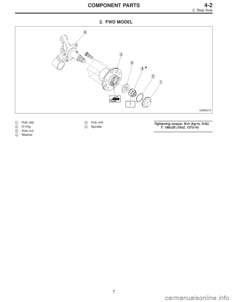 SUBARU LEGACY 1995  Service Repair Manual 2. FWD MODEL
G4M0213
1Hub cap

2O-ring

3Axle nut

4Washer
5Hub unit

6SpindleTightening torque: N⋅m (kg-m, ft-lb)
T: 186±20 (19±2, 137±14)
7
4-2COMPONENT PARTS
2. Rear Axle  