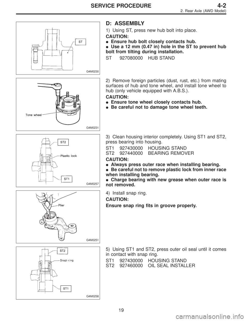 SUBARU LEGACY 1995  Service Repair Manual G4M0230
D: ASSEMBLY
1) Using ST, press new hub bolt into place.
CAUTION:
Ensure hub bolt closely contacts hub.
Use a 12 mm (0.47 in) hole in the ST to prevent hub
bolt from tilting during installati