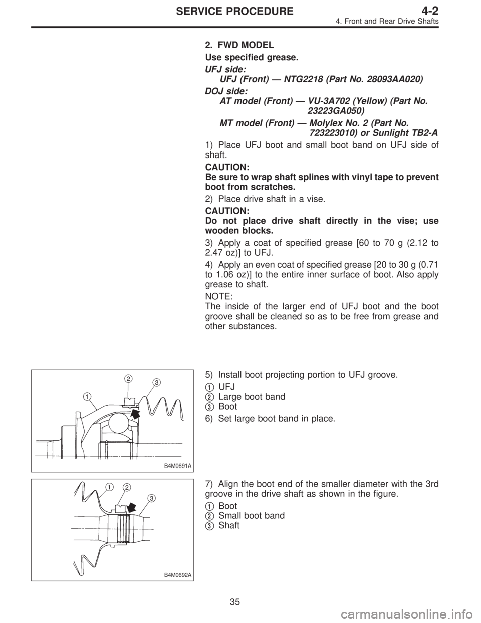 SUBARU LEGACY 1995  Service Repair Manual 2. FWD MODEL
Use specified grease.
UFJ side:
UFJ (Front)—NTG2218 (Part No. 28093AA020)
DOJ side:
AT model (Front)—VU-3A702 (Yellow) (Part No.
23223GA050)
MT model (Front)—Molylex No. 2 (Part No.