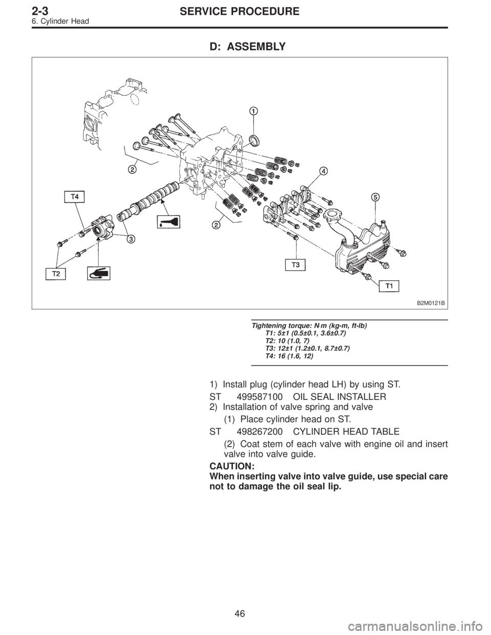 SUBARU LEGACY 1995 Service Manual PDF D: ASSEMBLY
B2M0121B
Tightening torque: N⋅m (kg-m, ft-lb)
T1: 5±1 (0.5±0.1, 3.6±0.7)
T2: 10 (1.0, 7)
T3: 12±1 (1.2±0.1, 8.7±0.7)
T4: 16 (1.6, 12)
1) Install plug (cylinder head LH) by using ST SUBARU LEGACY 1995 Service Manual PDF D: ASSEMBLY
B2M0121B
Tightening torque: N⋅m (kg-m, ft-lb)
T1: 5±1 (0.5±0.1, 3.6±0.7)
T2: 10 (1.0, 7)
T3: 12±1 (1.2±0.1, 8.7±0.7)
T4: 16 (1.6, 12)
1) Install plug (cylinder head LH) by using ST