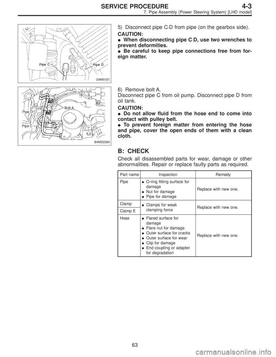 SUBARU LEGACY 1995  Service Repair Manual G4M0101
5) Disconnect pipe C⋅D from pipe (on the gearbox side).
CAUTION:
When disconnecting pipe C⋅D, use two wrenches to
prevent deformities.
Be careful to keep pipe connections free from for-
