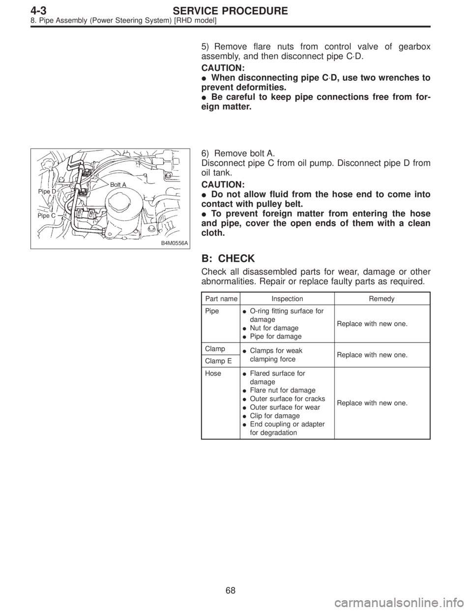 SUBARU LEGACY 1995  Service Repair Manual 5) Remove flare nuts from control valve of gearbox
assembly, and then disconnect pipe C⋅D.
CAUTION:
When disconnecting pipe C⋅D, use two wrenches to
prevent deformities.
Be careful to keep pipe 