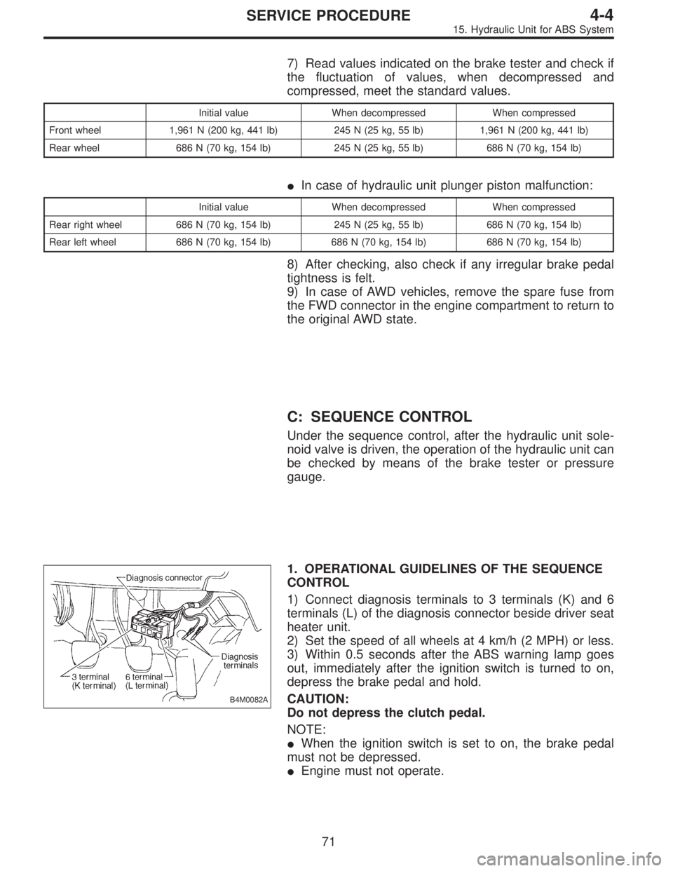 SUBARU LEGACY 1995  Service Repair Manual 7) Read values indicated on the brake tester and check if
the fluctuation of values, when decompressed and
compressed, meet the standard values.
Initial value When decompressed When compressed
Front w