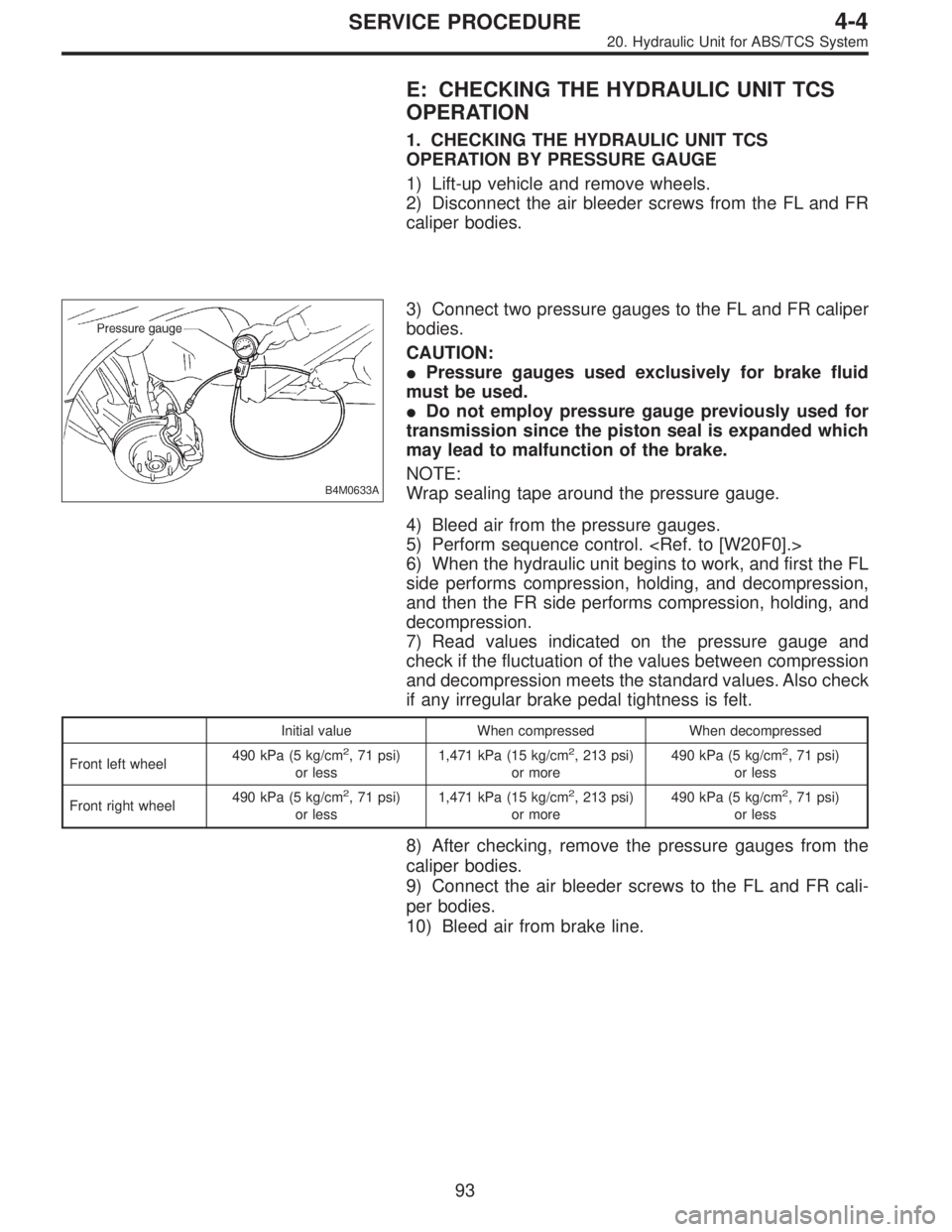 SUBARU LEGACY 1995  Service Repair Manual E: CHECKING THE HYDRAULIC UNIT TCS
OPERATION
1. CHECKING THE HYDRAULIC UNIT TCS
OPERATION BY PRESSURE GAUGE
1) Lift-up vehicle and remove wheels.
2) Disconnect the air bleeder screws from the FL and F