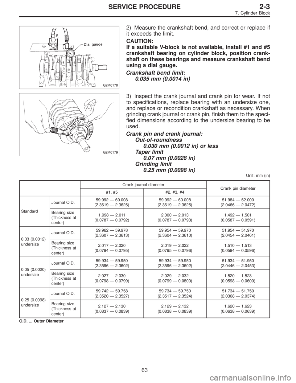 SUBARU LEGACY 1995 Service Manual Online G2M0178
2) Measure the crankshaft bend, and correct or replace if
it exceeds the limit.
CAUTION:
If a suitable V-block is not available, install #1 and #5
crankshaft bearing on cylinder block, positio SUBARU LEGACY 1995 Service Manual Online G2M0178
2) Measure the crankshaft bend, and correct or replace if
it exceeds the limit.
CAUTION:
If a suitable V-block is not available, install #1 and #5
crankshaft bearing on cylinder block, positio