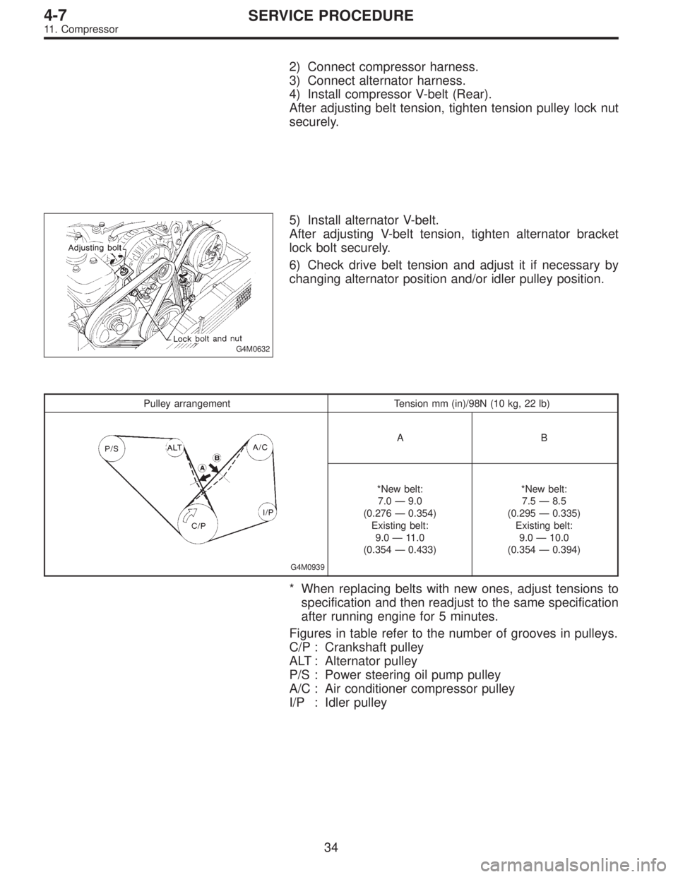 SUBARU LEGACY 1995  Service Repair Manual 2) Connect compressor harness.
3) Connect alternator harness.
4) Install compressor V-belt (Rear).
After adjusting belt tension, tighten tension pulley lock nut
securely.
G4M0632
5) Install alternator