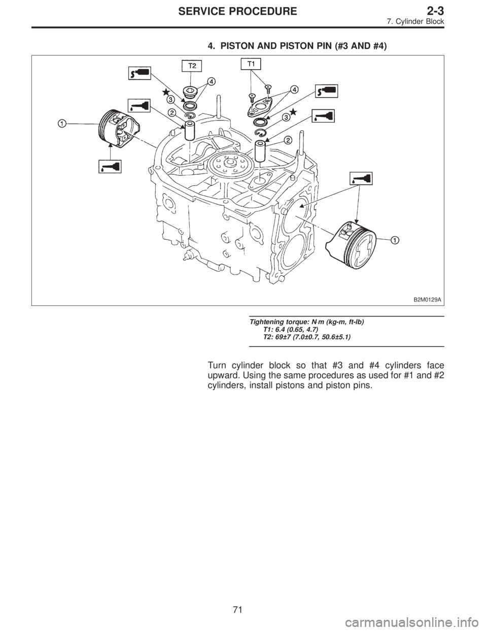 SUBARU LEGACY 1995  Service Owners Manual 4. PISTON AND PISTON PIN (#3 AND #4)
B2M0129A
Tightening torque: N⋅m (kg-m, ft-lb)
T1: 6.4 (0.65, 4.7)
T2: 69±7 (7.0±0.7, 50.6±5.1)
Turn cylinder block so that #3 and #4 cylinders face
upward. Us
