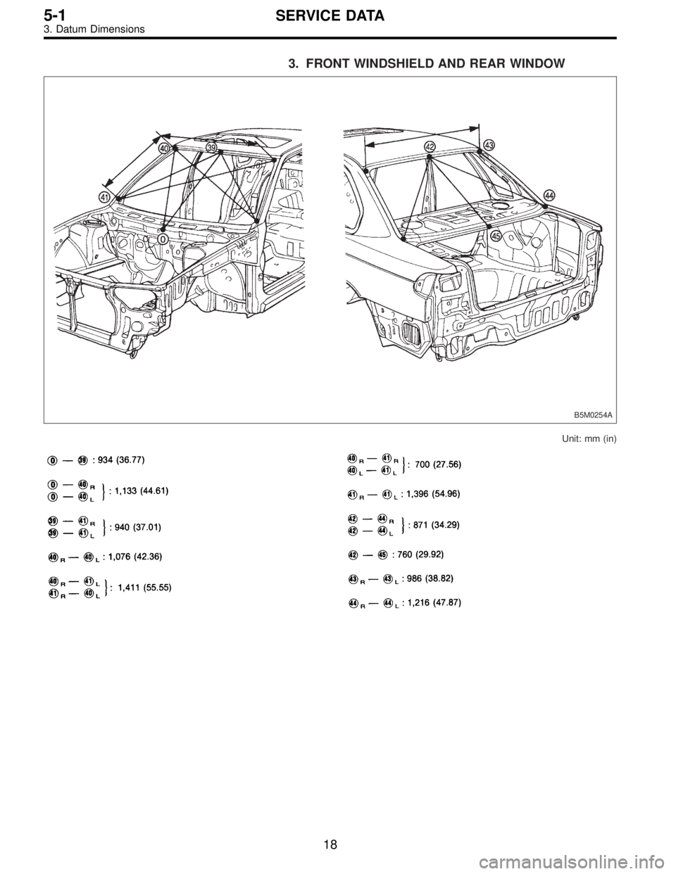 SUBARU LEGACY 1995  Service Repair Manual 3. FRONT WINDSHIELD AND REAR WINDOW
B5M0254A
Unit: mm (in)
18
5-1SERVICE DATA
3. Datum Dimensions  