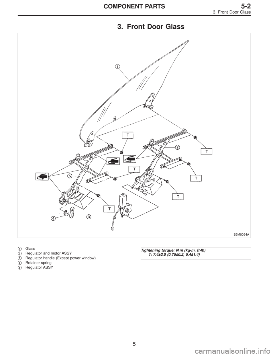 SUBARU LEGACY 1995  Service Repair Manual 3. Front Door Glass
B5M0054A
1Glass

2Regulator and motor ASSY

3Regulator handle (Except power window)

4Retainer spring

5Regulator ASSY
Tightening torque: N⋅m (kg-m, ft-lb)
T: 7.4±2.0 (0.75