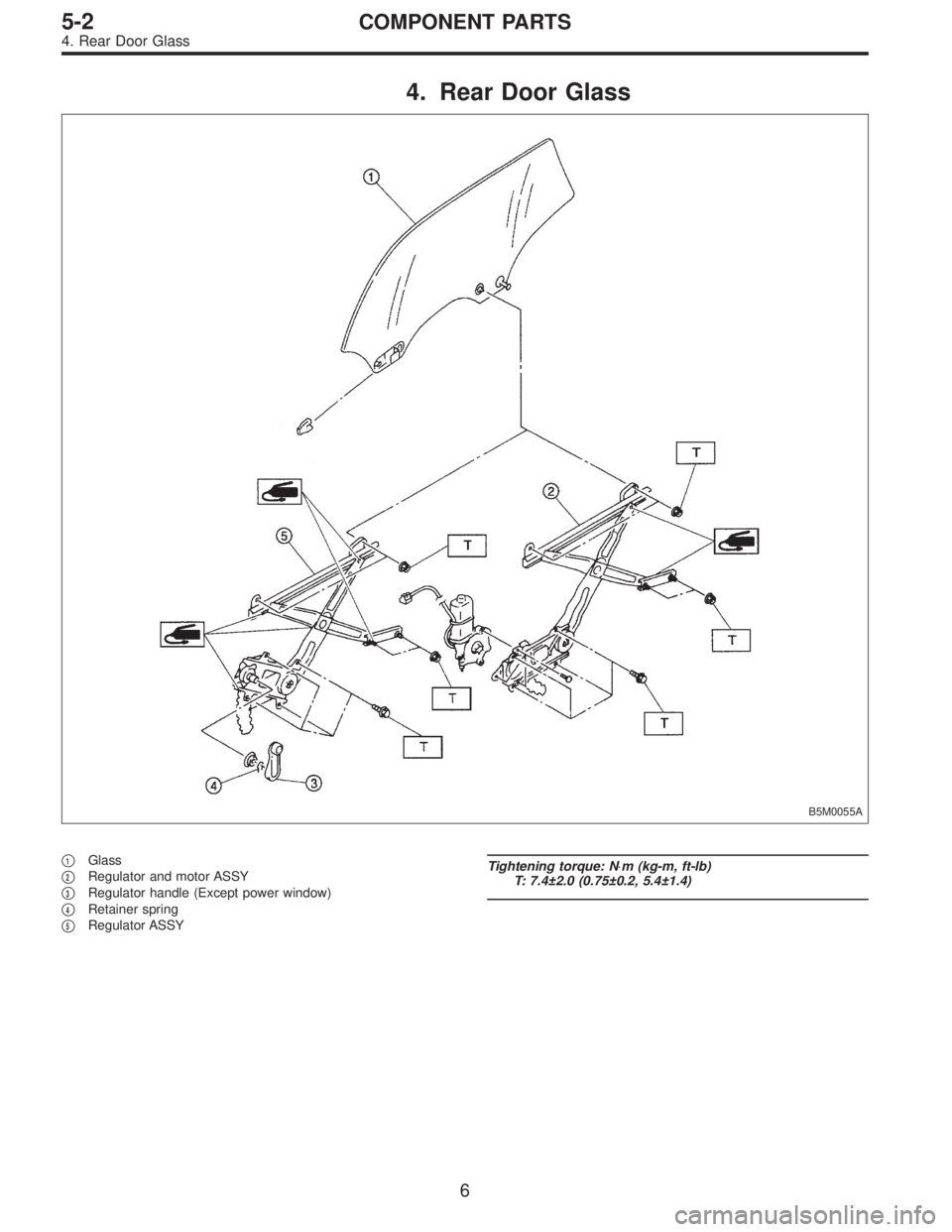 SUBARU LEGACY 1995  Service Repair Manual 4. Rear Door Glass
B5M0055A
1Glass

2Regulator and motor ASSY

3Regulator handle (Except power window)

4Retainer spring

5Regulator ASSY
Tightening torque: N⋅m (kg-m, ft-lb)
T: 7.4±2.0 (0.75