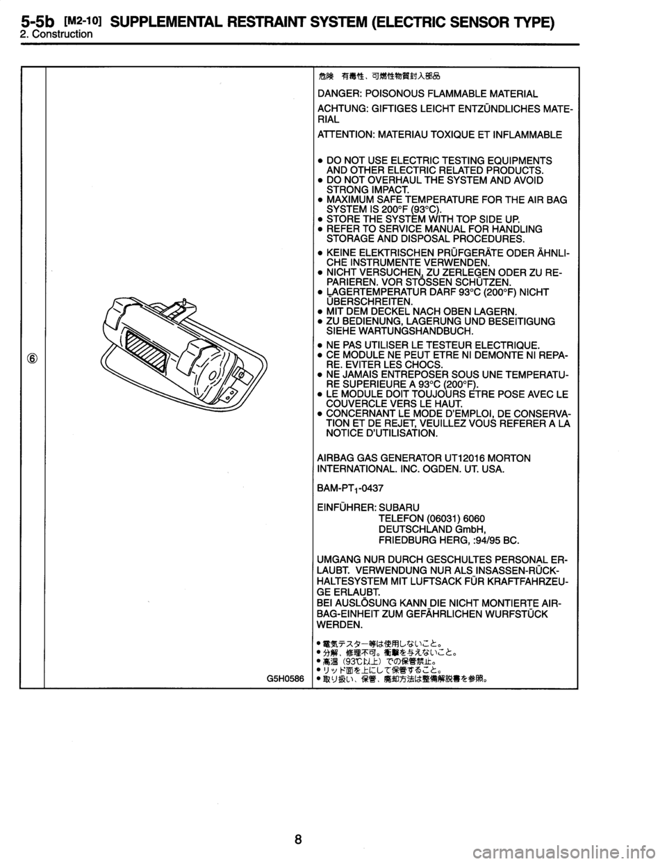 SUBARU LEGACY 1996  Service Repair Manual 
5-5b
[M2-10]
SUPPLEMENTAL
RESTRAINT
SYSTEM
(ELECTRIC
SENSOR
TYPE)
2
.
Co
n
struction

0

DANGER
:
POISONOUSFLAMMABLE
MATERIAL

ACHTUNG
:
GIFTIGES
LEICHT
ENTZUNDLICHES
MATE-
RIAL

ATTENTION
:
MATERIAU