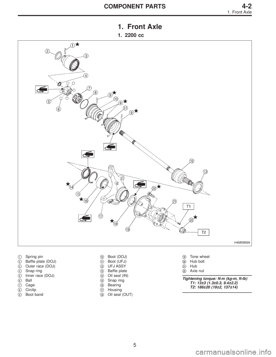SUBARU LEGACY 1996  Service Repair Manual 1. Front Axle
1. 2200 cc
H4M0999A
1Spring pin

2Baffle plate (DOJ)

3Outer race (DOJ)

4Snap ring

5Inner race (DOJ)

6Ball

7Cage

8Circlip

9Boot band
10Boot (DOJ)

11Boot (UFJ)

12UFJ A