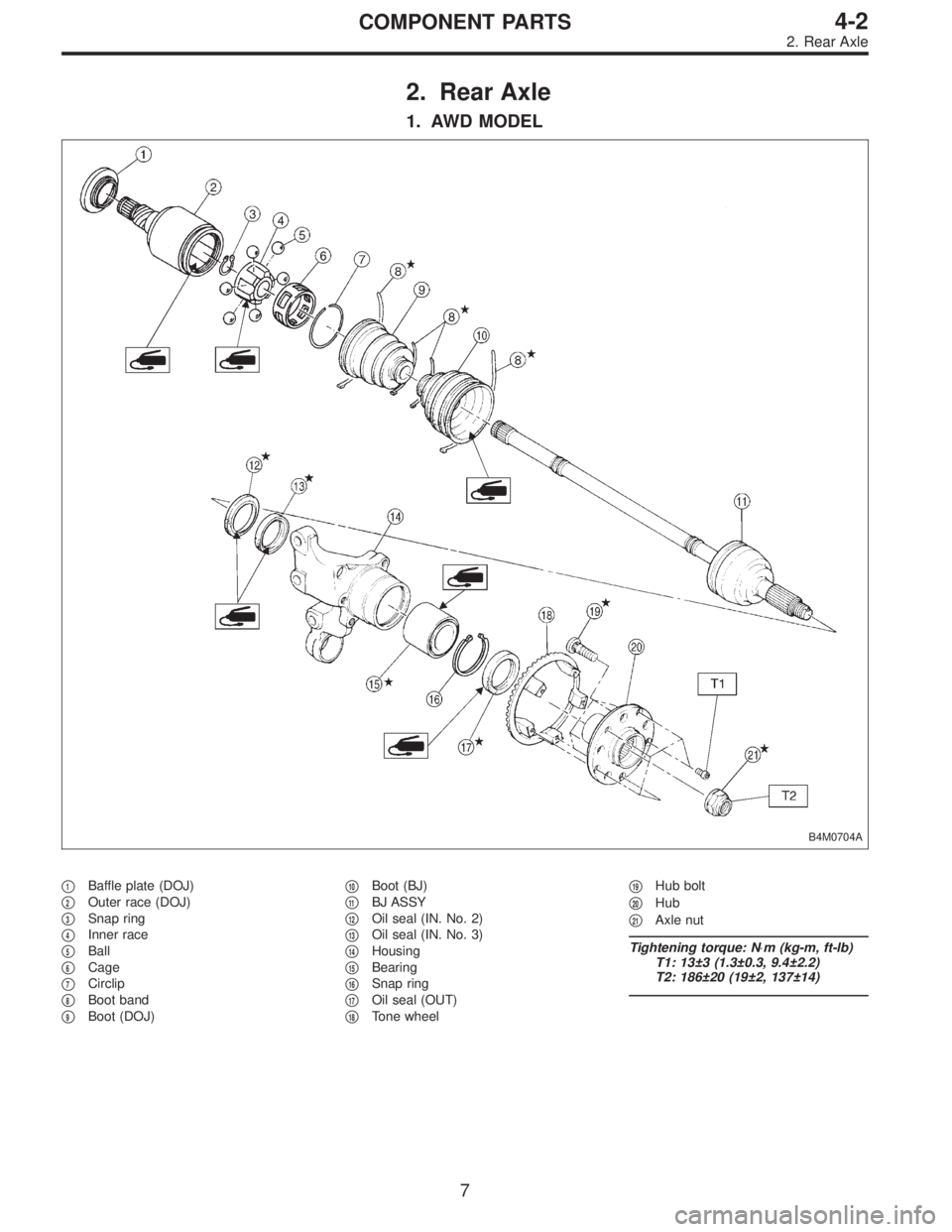 SUBARU LEGACY 1996  Service Repair Manual 2. Rear Axle
1. AWD MODEL
B4M0704A
1Baffle plate (DOJ)

2Outer race (DOJ)

3Snap ring

4Inner race

5Ball

6Cage

7Circlip

8Boot band

9Boot (DOJ)
10Boot (BJ)

11BJ ASSY

12Oil seal (IN. 