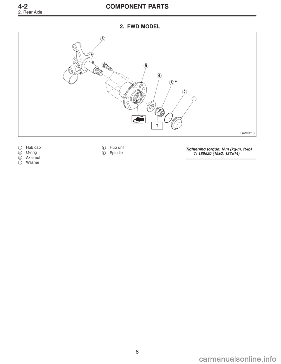 SUBARU LEGACY 1996  Service Repair Manual 2. FWD MODEL
G4M0213
1Hub cap

2O-ring

3Axle nut

4Washer
5Hub unit

6SpindleTightening torque: N⋅m (kg-m, ft-lb)
T: 186±20 (19±2, 137±14)
8
4-2COMPONENT PARTS
2. Rear Axle  