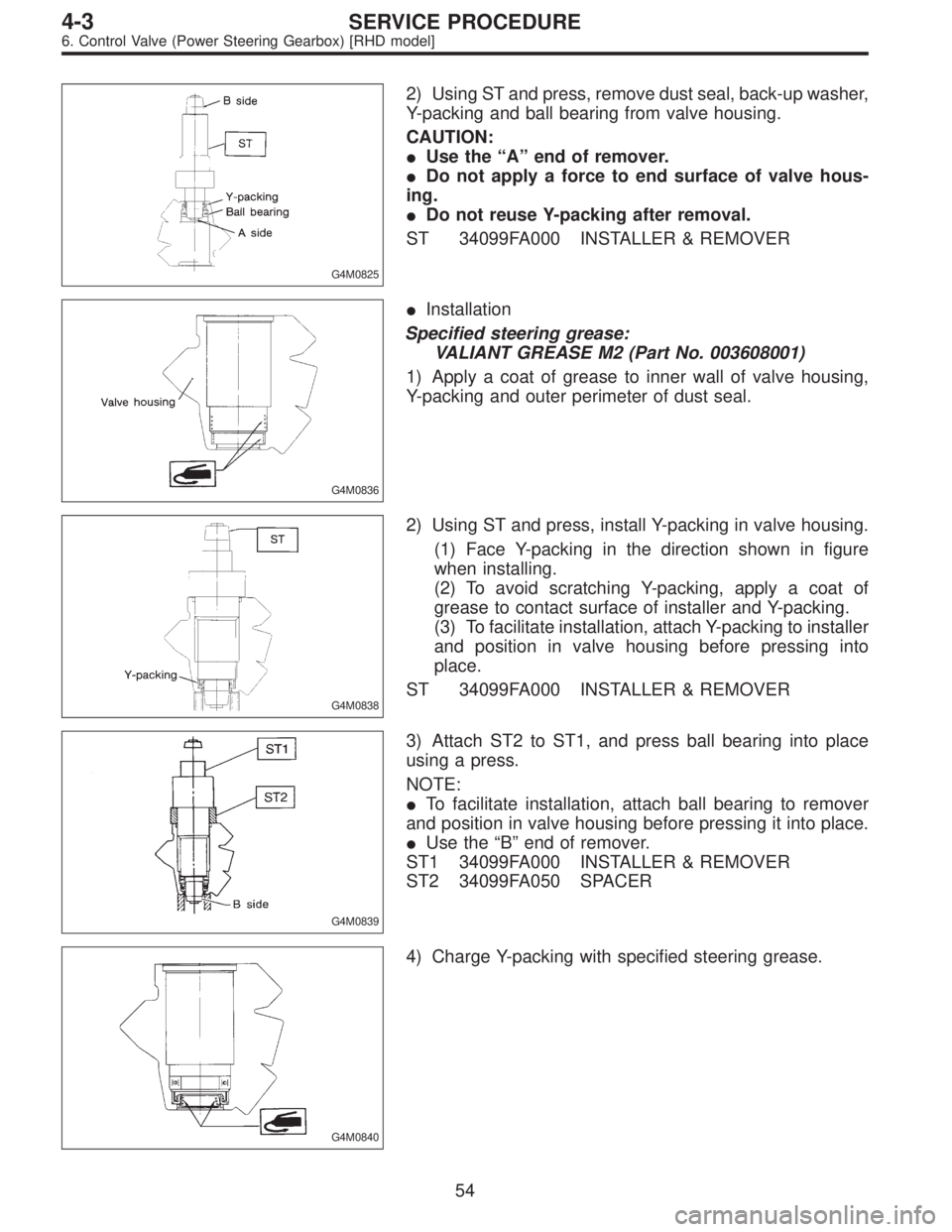 SUBARU LEGACY 1996  Service Repair Manual G4M0825
2) Using ST and press, remove dust seal, back-up washer,
Y-packing and ball bearing from valve housing.
CAUTION:
Use the“A”end of remover.
Do not apply a force to end surface of valve ho