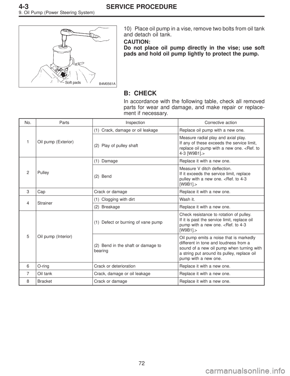 SUBARU LEGACY 1996  Service Repair Manual B4M0561A
10) Place oil pump in a vise, remove two bolts from oil tank
and detach oil tank.
CAUTION:
Do not place oil pump directly in the vise; use soft
pads and hold oil pump lightly to protect the p