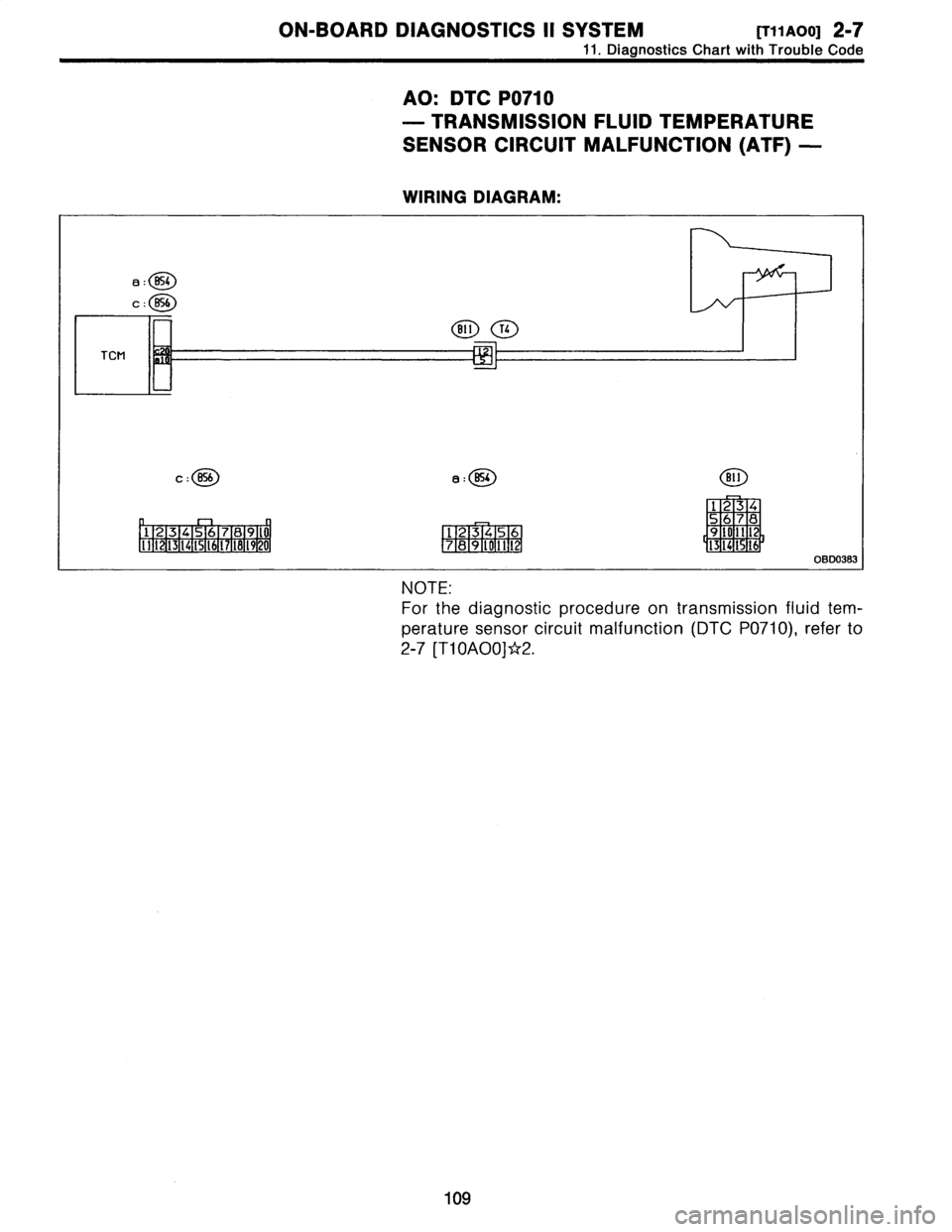 SUBARU LEGACY 1996  Service Repair Manual 
ON-BOARD
DIAGNOSTICS
II
SYSTEM
[Tiinooi
2-7

11
.
Diagnostics
Chart
with
Trouble
Code

AO
:
DTC
P0710

-
TRANSMISSION
FLUID
TEMPERATURE

SENSOR
CIRCUIT
MALFUNCTION
(ATF)
-

WIRING
DIAGRAM
:

a
c
:
B5