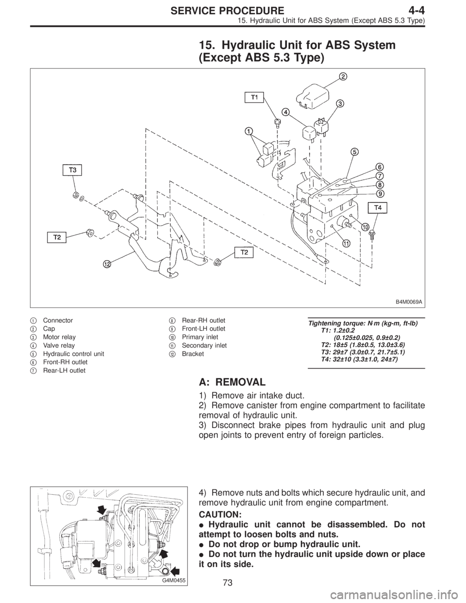 SUBARU LEGACY 1996  Service Repair Manual 15. Hydraulic Unit for ABS System
(Except ABS 5.3 Type)
B4M0069A
1Connector

2Cap

3Motor relay

4Valve relay

5Hydraulic control unit

6Front-RH outlet

7Rear-LH outlet
8Rear-RH outlet

9Fro
