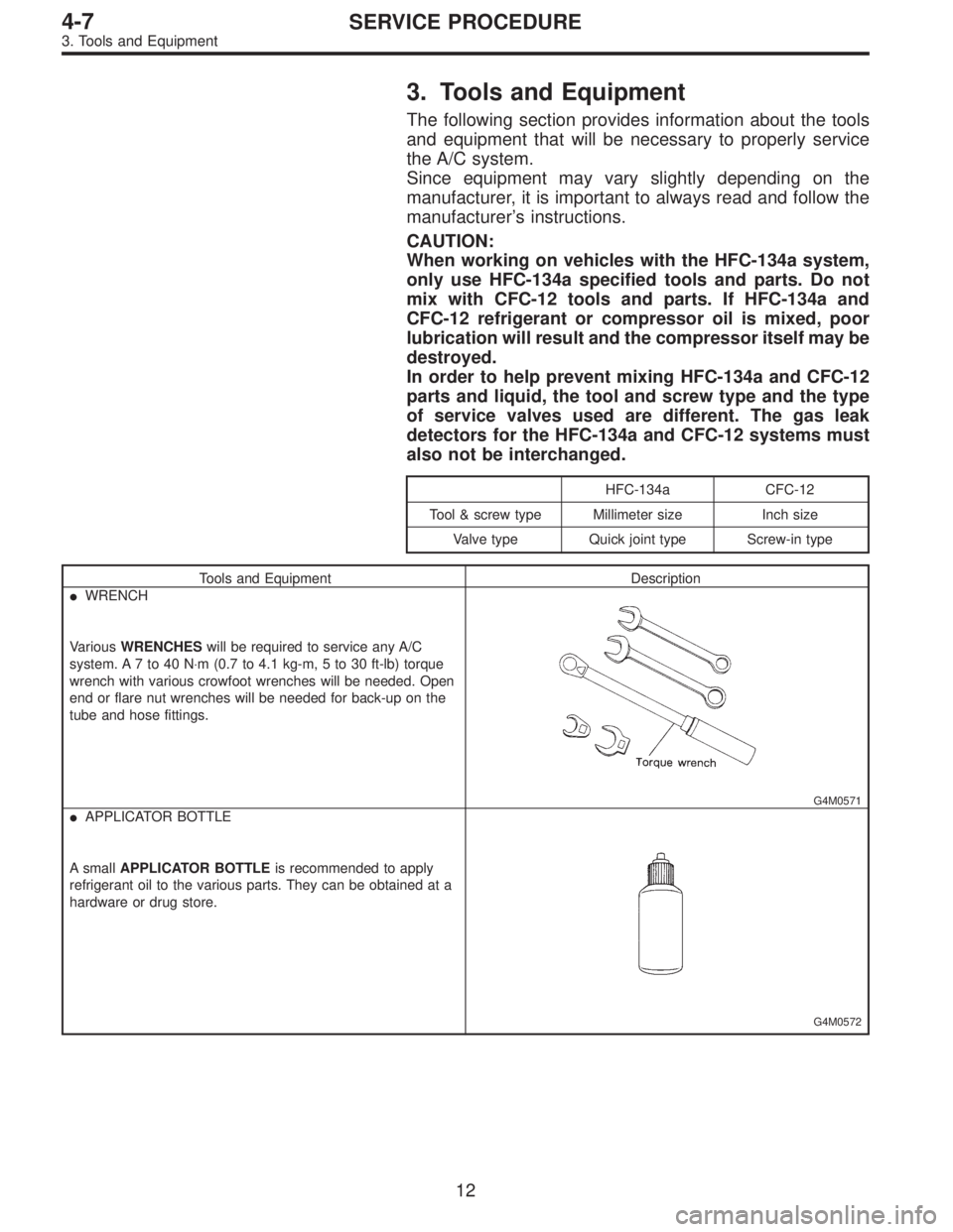 SUBARU LEGACY 1996  Service Repair Manual 3. Tools and Equipment
The following section provides information about the tools
and equipment that will be necessary to properly service
the A/C system.
Since equipment may vary slightly depending o