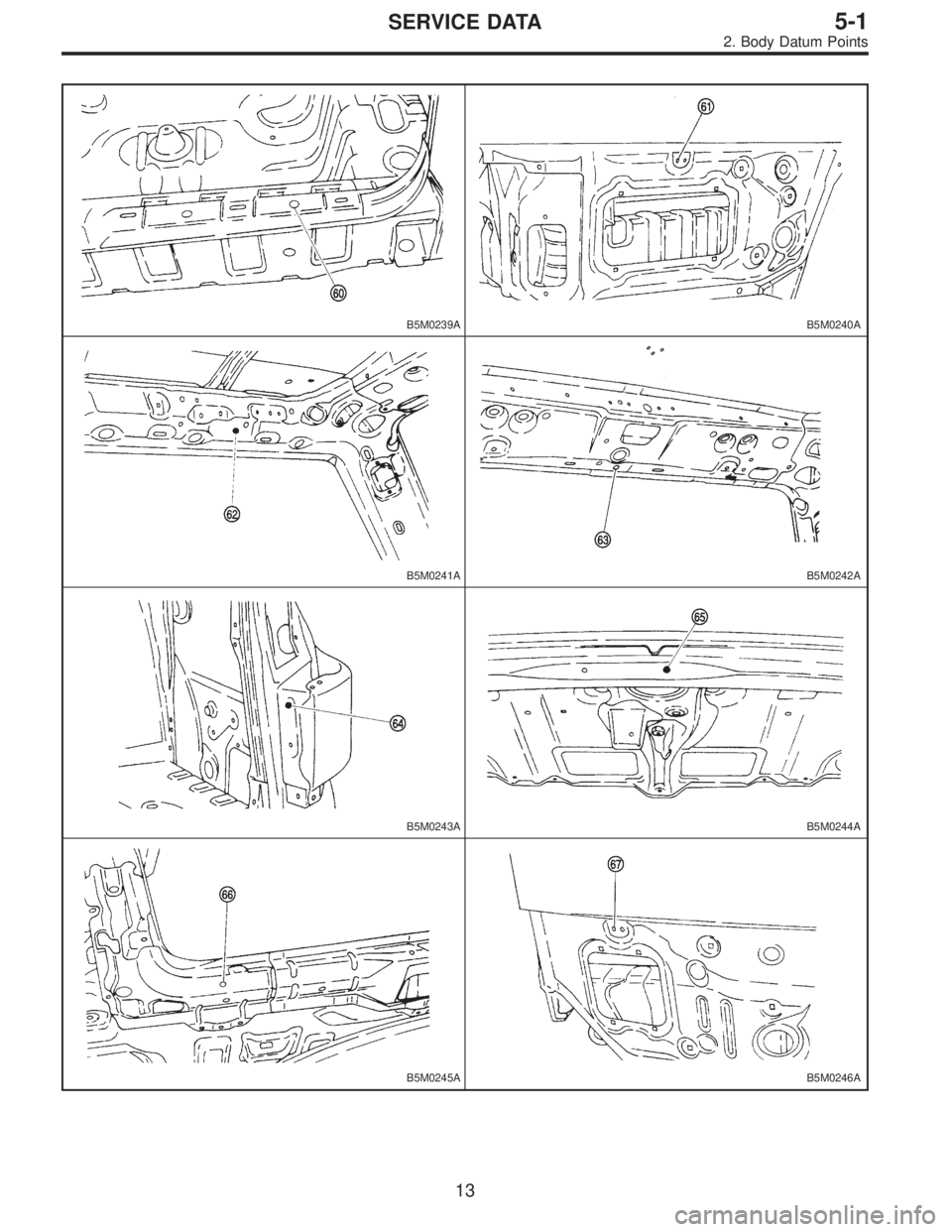 SUBARU LEGACY 1996 Service Repair Manual B5M0239AB5M0240A
B5M0241AB5M0242A
B5M0243AB5M0244A
B5M0245AB5M0246A
13
5-1SERVICE DATA
2. Body Datum Points SUBARU LEGACY 1996 Service Repair Manual B5M0239AB5M0240A
B5M0241AB5M0242A
B5M0243AB5M0244A
B5M0245AB5M0246A
13
5-1SERVICE DATA
2. Body Datum Points