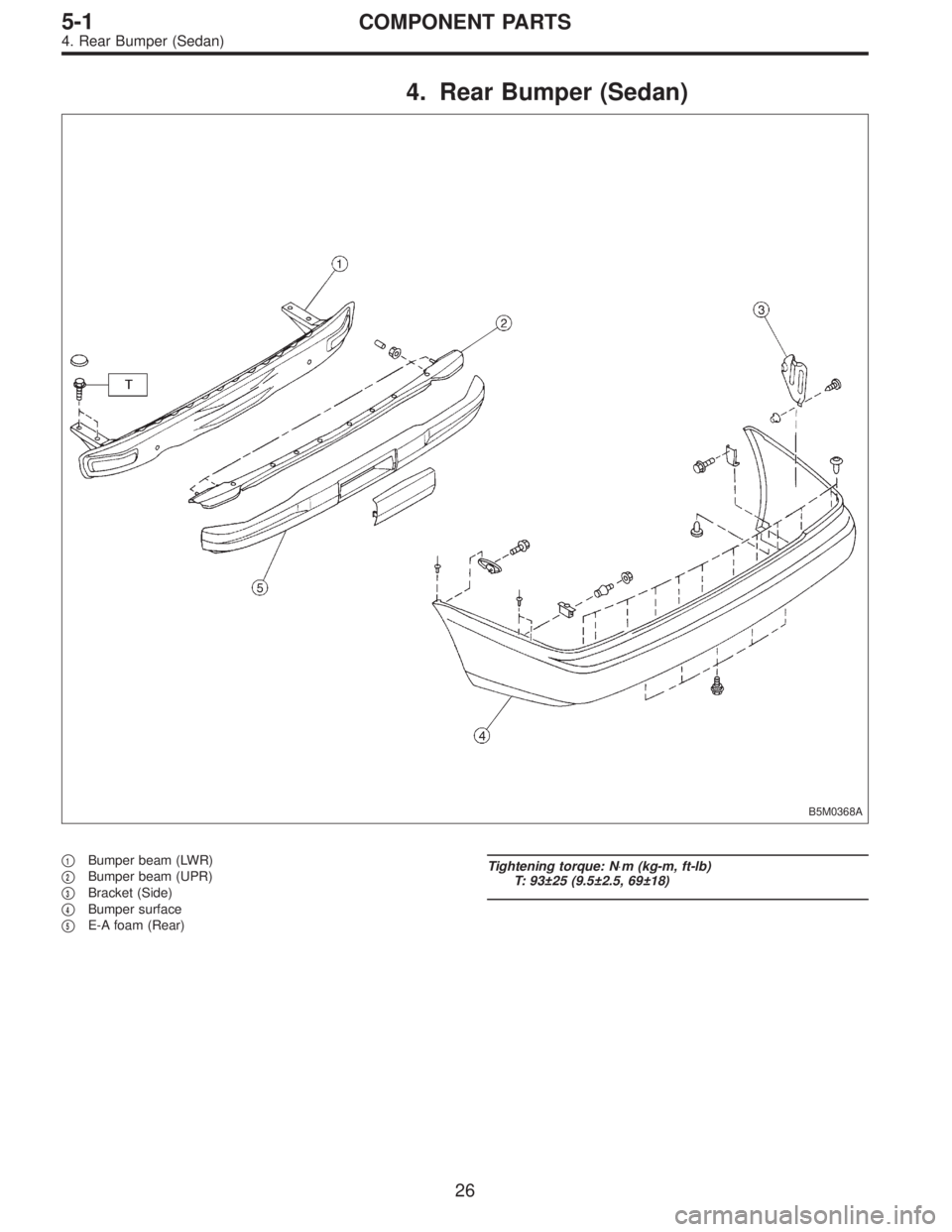 SUBARU LEGACY 1996  Service Repair Manual 4. Rear Bumper (Sedan)
B5M0368A
1Bumper beam (LWR)

2Bumper beam (UPR)

3Bracket (Side)

4Bumper surface

5E-A foam (Rear)
Tightening torque: N⋅m (kg-m, ft-lb)
T: 93±25 (9.5±2.5, 69±18)
26
5