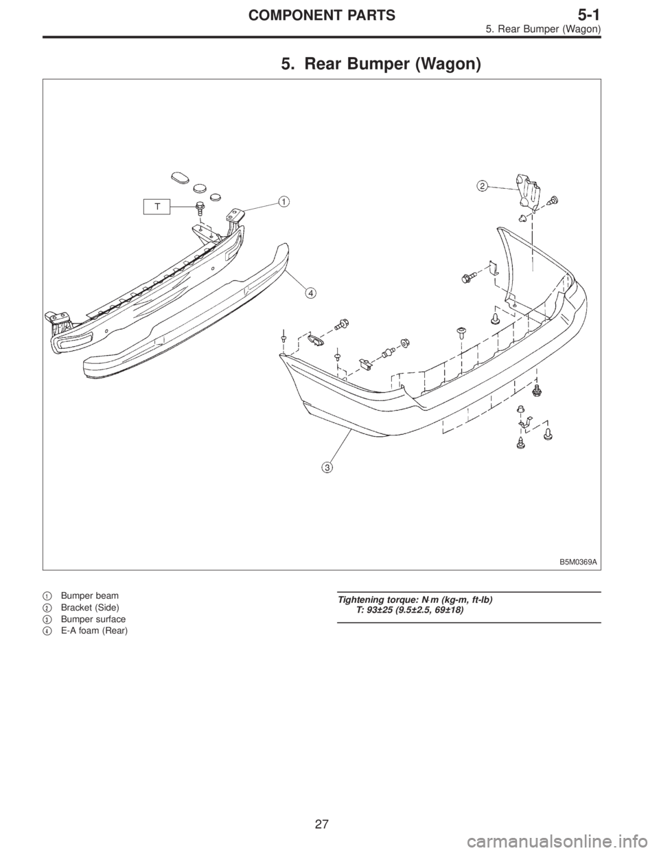 SUBARU LEGACY 1996  Service Repair Manual 5. Rear Bumper (Wagon)
B5M0369A
1Bumper beam

2Bracket (Side)

3Bumper surface

4E-A foam (Rear)
Tightening torque: N⋅m (kg-m, ft-lb)
T: 93±25 (9.5±2.5, 69±18)
27
5-1COMPONENT PARTS
5. Rear B