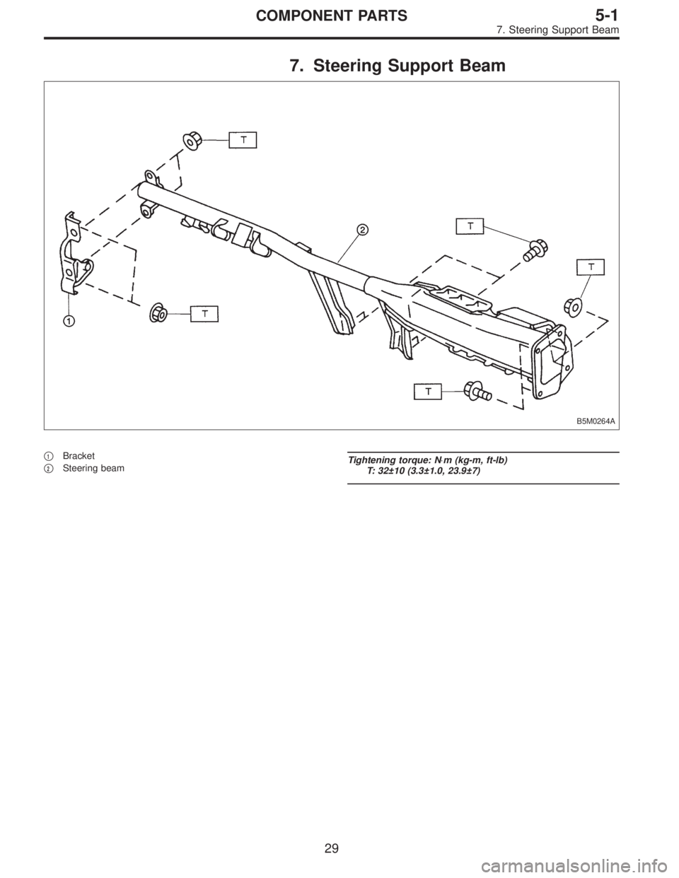 SUBARU LEGACY 1996  Service Repair Manual 7. Steering Support Beam
B5M0264A
1Bracket

2Steering beamTightening torque: N⋅m (kg-m, ft-lb)
T: 32±10 (3.3±1.0, 23.9±7)
29
5-1COMPONENT PARTS
7. Steering Support Beam  