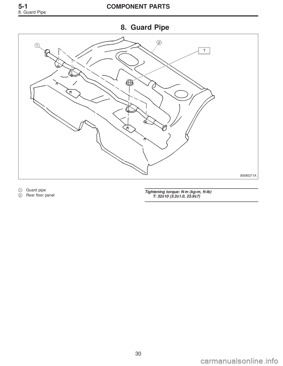 SUBARU LEGACY 1996  Service Repair Manual 8. Guard Pipe
B5M0371A
1Guard pipe

2Rear floor panelTightening torque: N⋅m (kg-m, ft-lb)
T: 32±10 (3.3±1.0, 23.9±7)
30
5-1COMPONENT PARTS
8. Guard Pipe  
