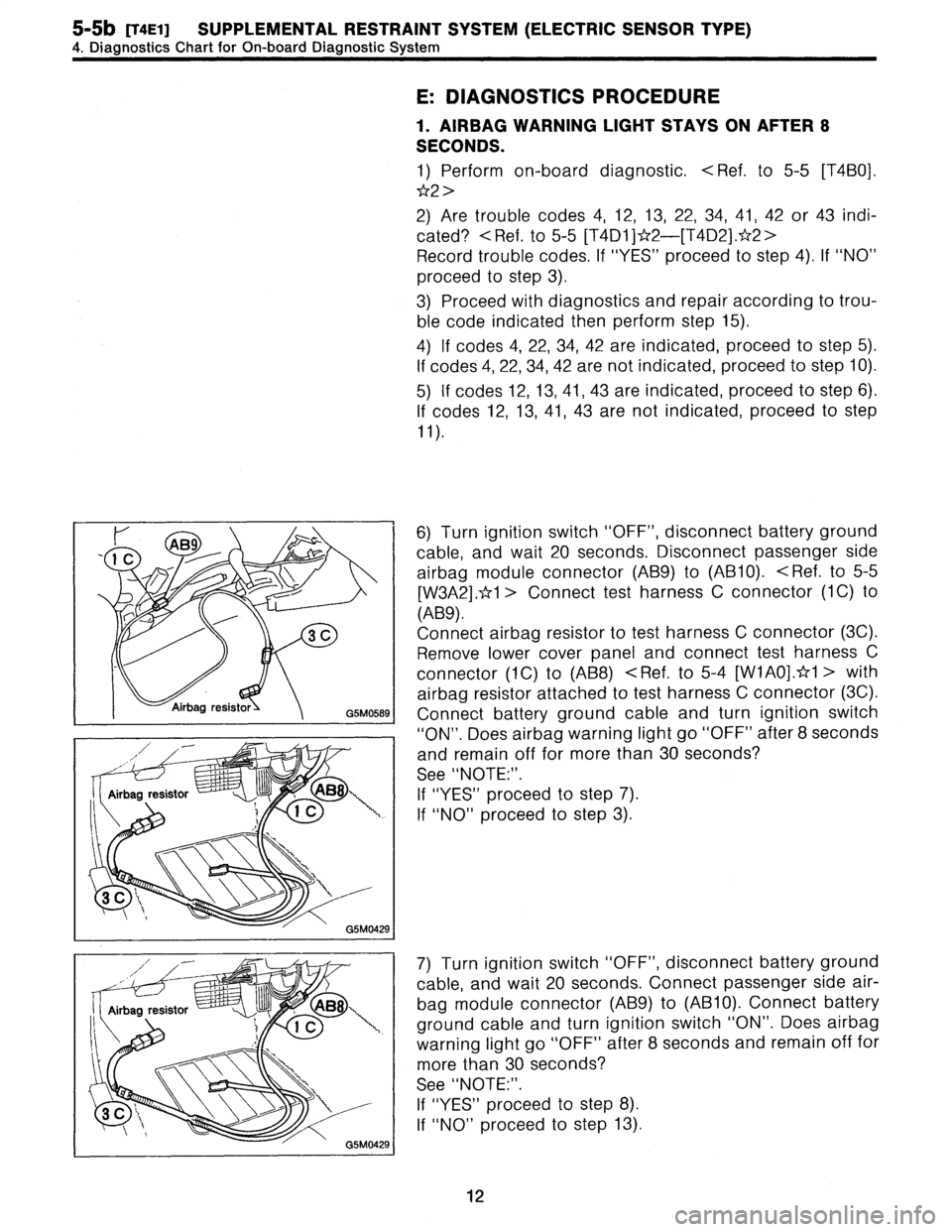 SUBARU LEGACY 1996  Service Repair Manual 
5-5b
[TaE1)
SUPPLEMENTAL
RESTRAINT
SYSTEM
(ELECTRIC
SENSOR
TYPE)

4
.
DiagnosticsChart
for
On-board
Diagnostic
System

E
:
DIAGNOSTICS
PROCEDURE

1
.
AIRBAG
WARNING
LIGHT
STAYS
ON
AFTER
8

SECONDS
.
