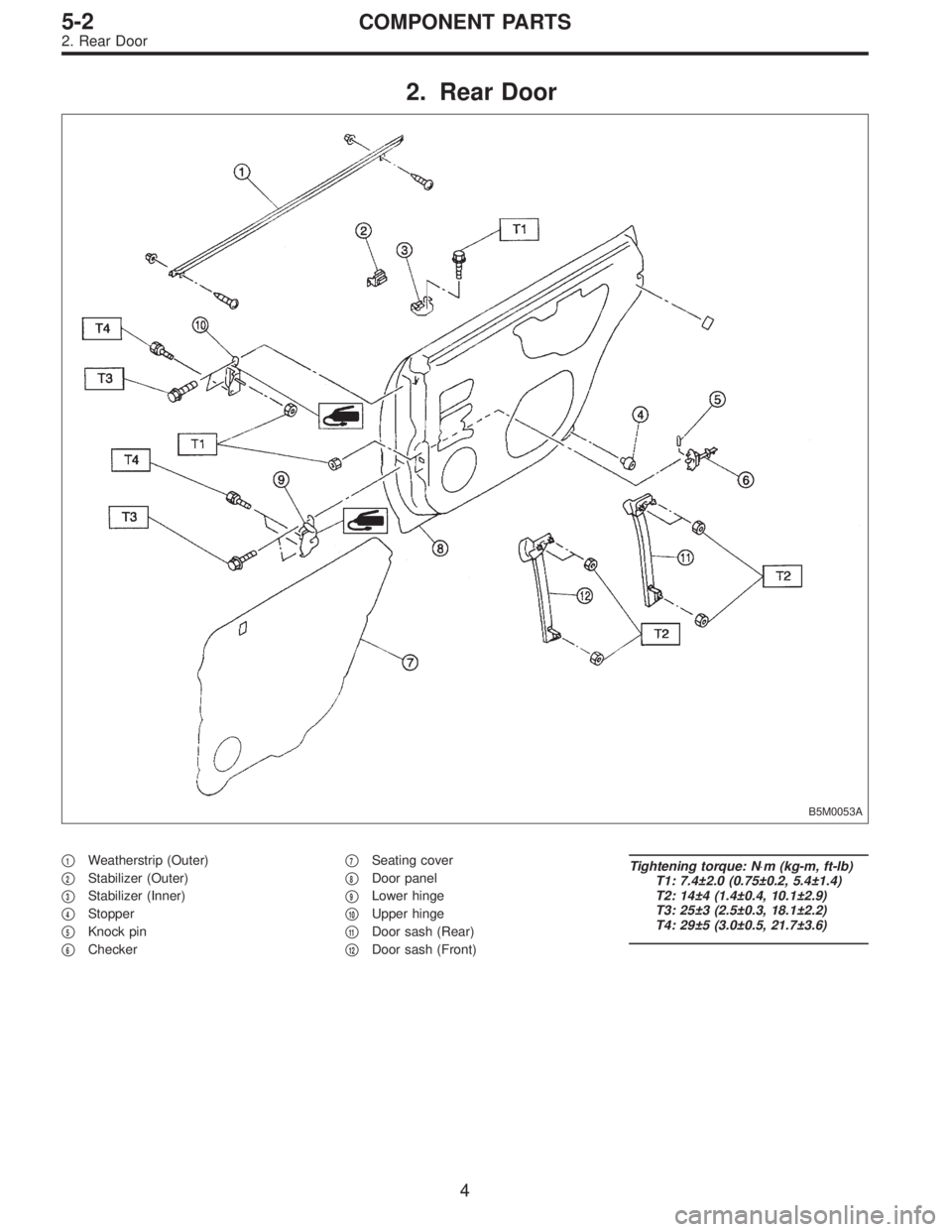 SUBARU LEGACY 1996  Service Repair Manual 2. Rear Door
B5M0053A
1Weatherstrip (Outer)

2Stabilizer (Outer)

3Stabilizer (Inner)

4Stopper

5Knock pin

6Checker
7Seating cover

8Door panel

9Lower hinge

10Upper hinge

11Door sash (