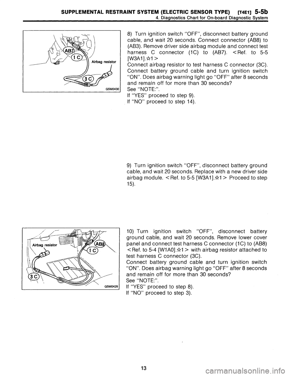 SUBARU LEGACY 1996  Service Repair Manual 
SUPPLEMENTAL
RESTRAINT
SYSTEM
(ELECTRIC
SENSOR
TYPE)
[T4E1]
5-5b

4
.
Diagnostics
Chart
for
On-board
Diagnostic
System

8)
Turn
ignition
switch
"OFF",
disconnect
battery
ground

cable,
and
wait
20
se