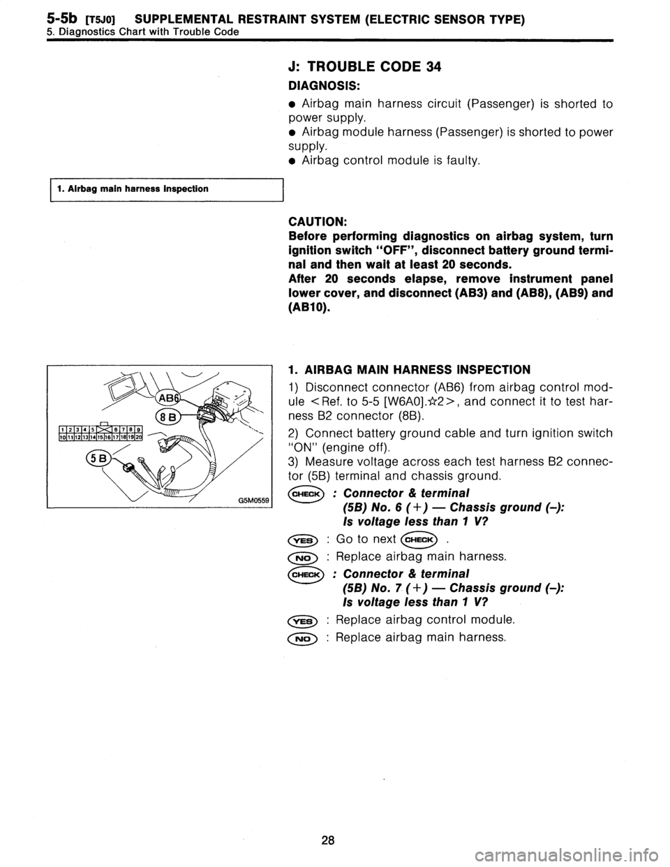 SUBARU LEGACY 1996  Service Repair Manual 
5-5b
[TWO]
SUPPLEMENTAL
RESTRAINT
SYSTEM
(ELECTRIC
SENSOR
TYPE)

5
.
Diagnostics
Chart
with
Trouble
Code

J
:
TROUBLE
CODE
34

DIAGNOSIS
:

9
Airbag
main
harness
circuit
(Passenger)
is
shorted
to

po