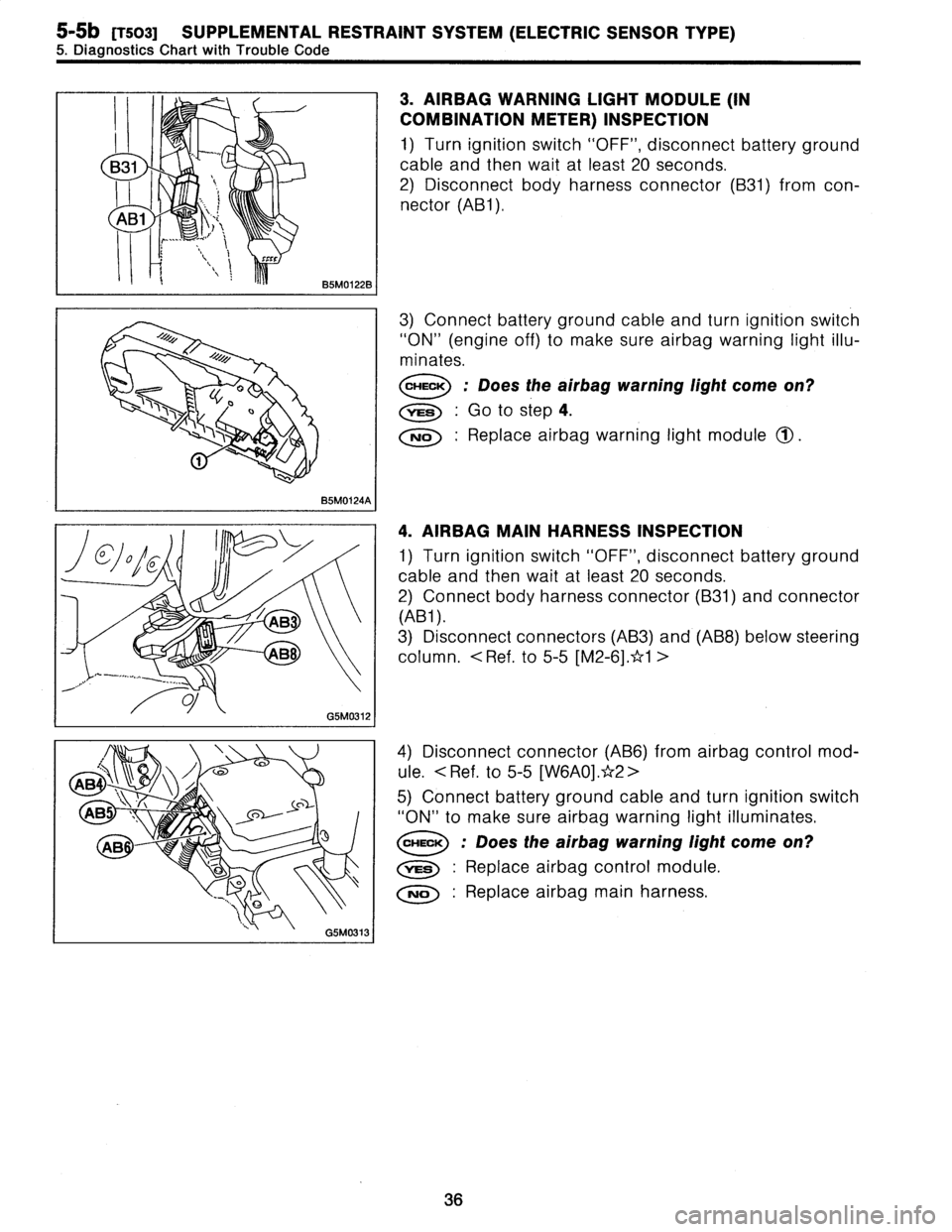SUBARU LEGACY 1996  Service Repair Manual 
5-5b
(T503]
SUPPLEMENTAL
RESTRAINT
SYSTEM
(ELECTRIC
SENSOR
TYPE)

5
.
Diagnostics
Chart
with
Trouble
Code

B31

AB1

r
`,~~,
;
r
:cr

B5M01228

0)0
0

J
J

AB

B8

.
.o/

G5M0312

3
.
AIRBAG
WARNING
