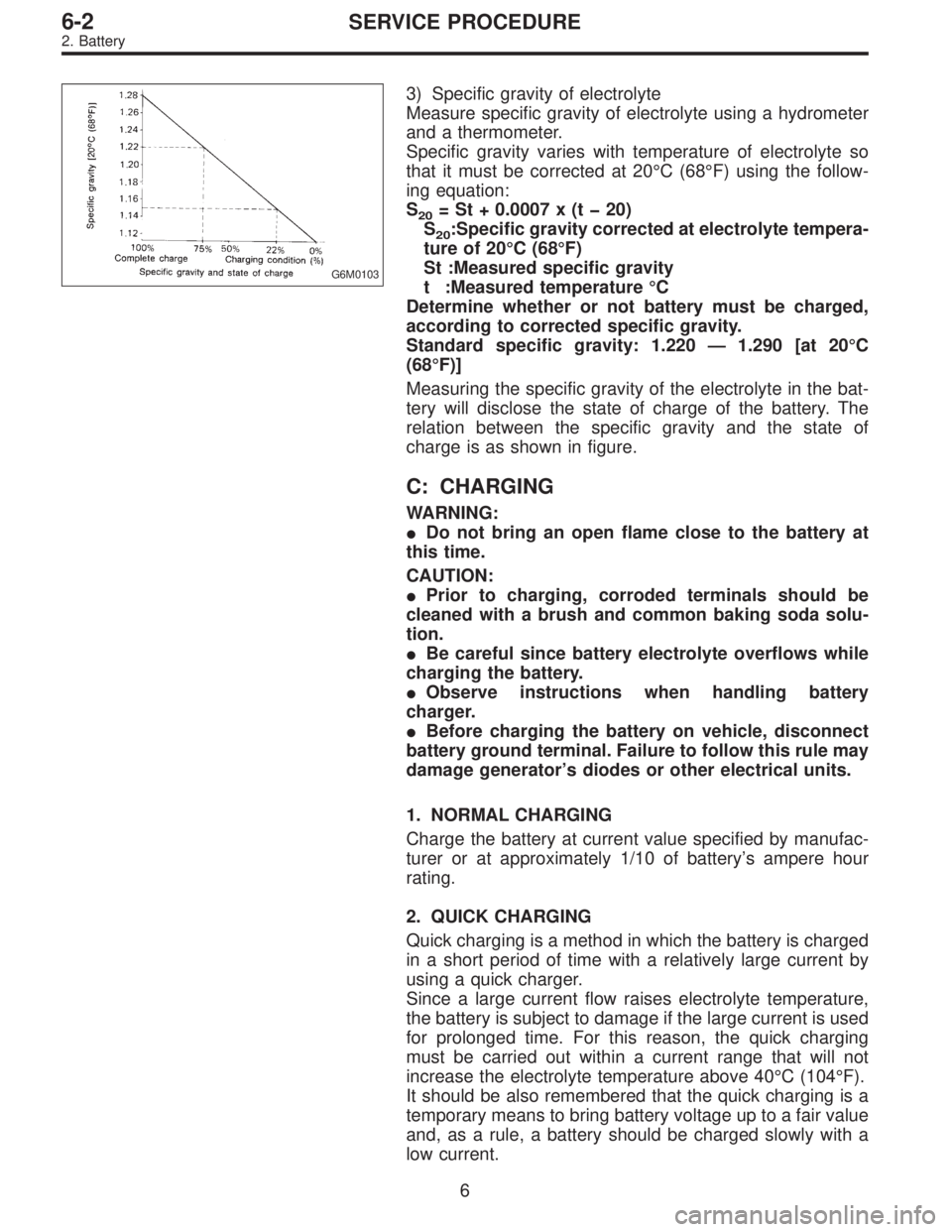 SUBARU LEGACY 1996  Service Repair Manual G6M0103
3) Specific gravity of electrolyte
Measure specific gravity of electrolyte using a hydrometer
and a thermometer.
Specific gravity varies with temperature of electrolyte so
that it must be corr