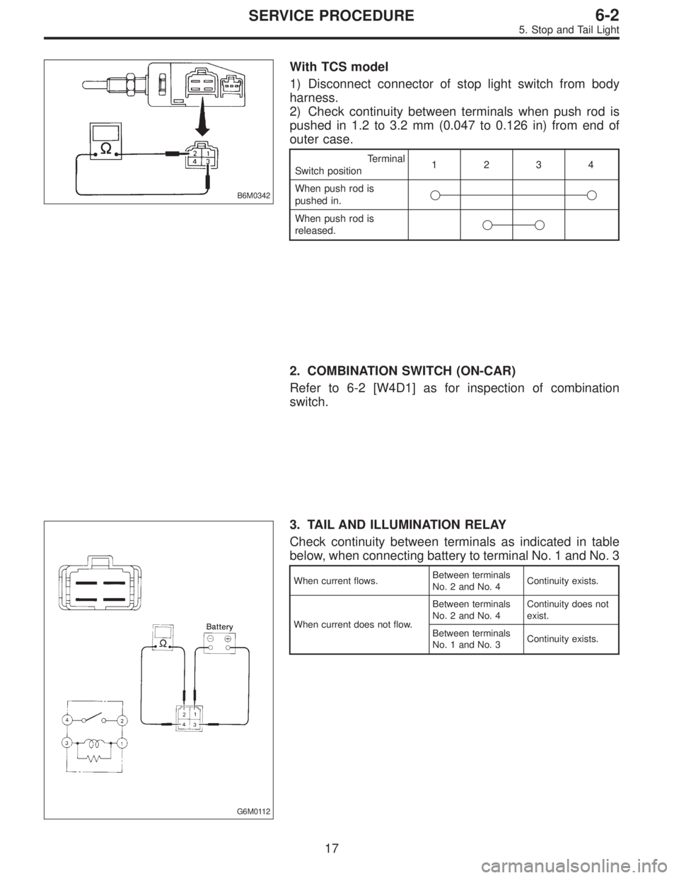 SUBARU LEGACY 1996 Service Repair Manual B6M0342
With TCS model
1) Disconnect connector of stop light switch from body
harness.
2) Check continuity between terminals when push rod is
pushed in 1.2 to 3.2 mm (0.047 to 0.126 in) from end of
ou SUBARU LEGACY 1996 Service Repair Manual B6M0342
With TCS model
1) Disconnect connector of stop light switch from body
harness.
2) Check continuity between terminals when push rod is
pushed in 1.2 to 3.2 mm (0.047 to 0.126 in) from end of
ou