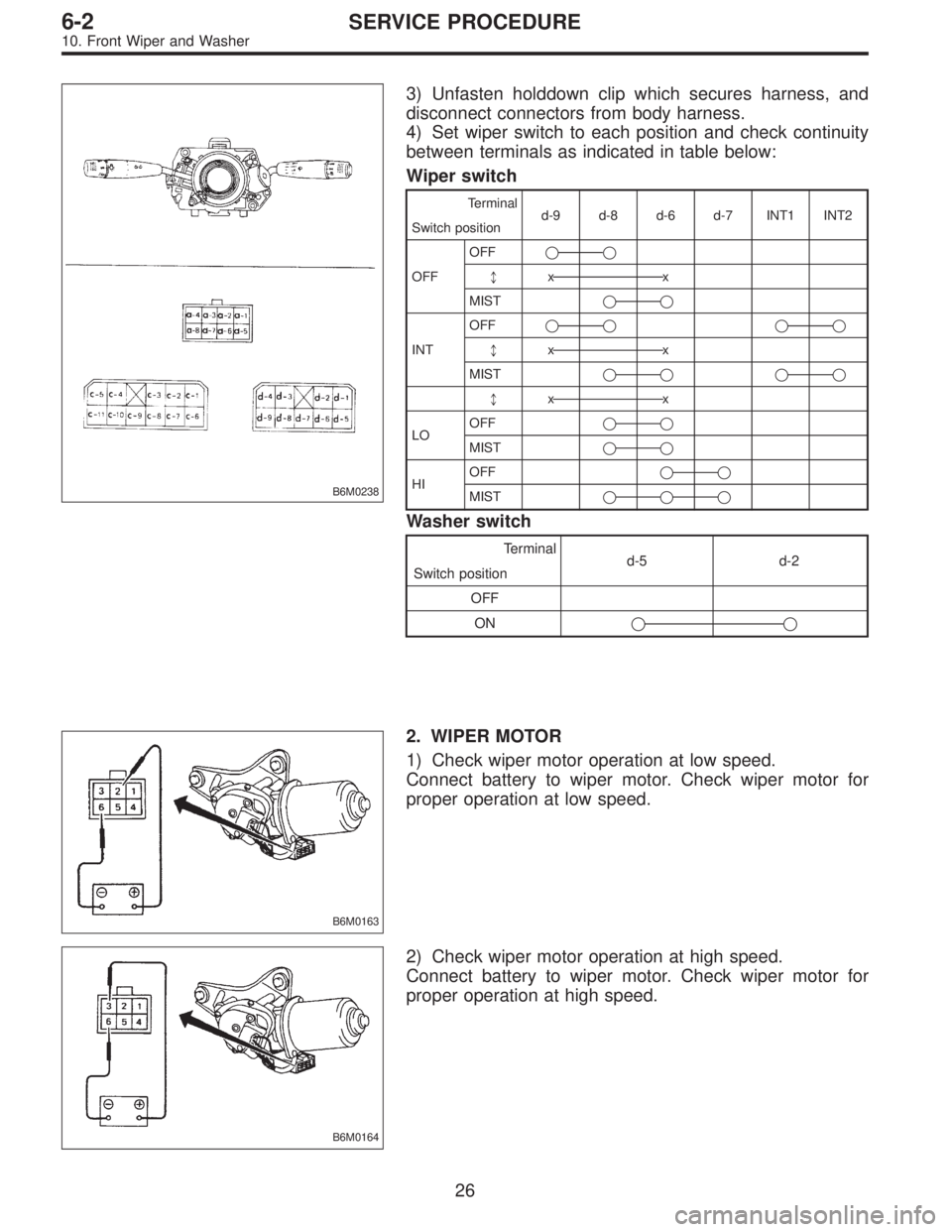 SUBARU LEGACY 1996 Service Repair Manual B6M0238
3) Unfasten holddown clip which secures harness, and
disconnect connectors from body harness.
4) Set wiper switch to each position and check continuity
between terminals as indicated in table SUBARU LEGACY 1996 Service Repair Manual B6M0238
3) Unfasten holddown clip which secures harness, and
disconnect connectors from body harness.
4) Set wiper switch to each position and check continuity
between terminals as indicated in table