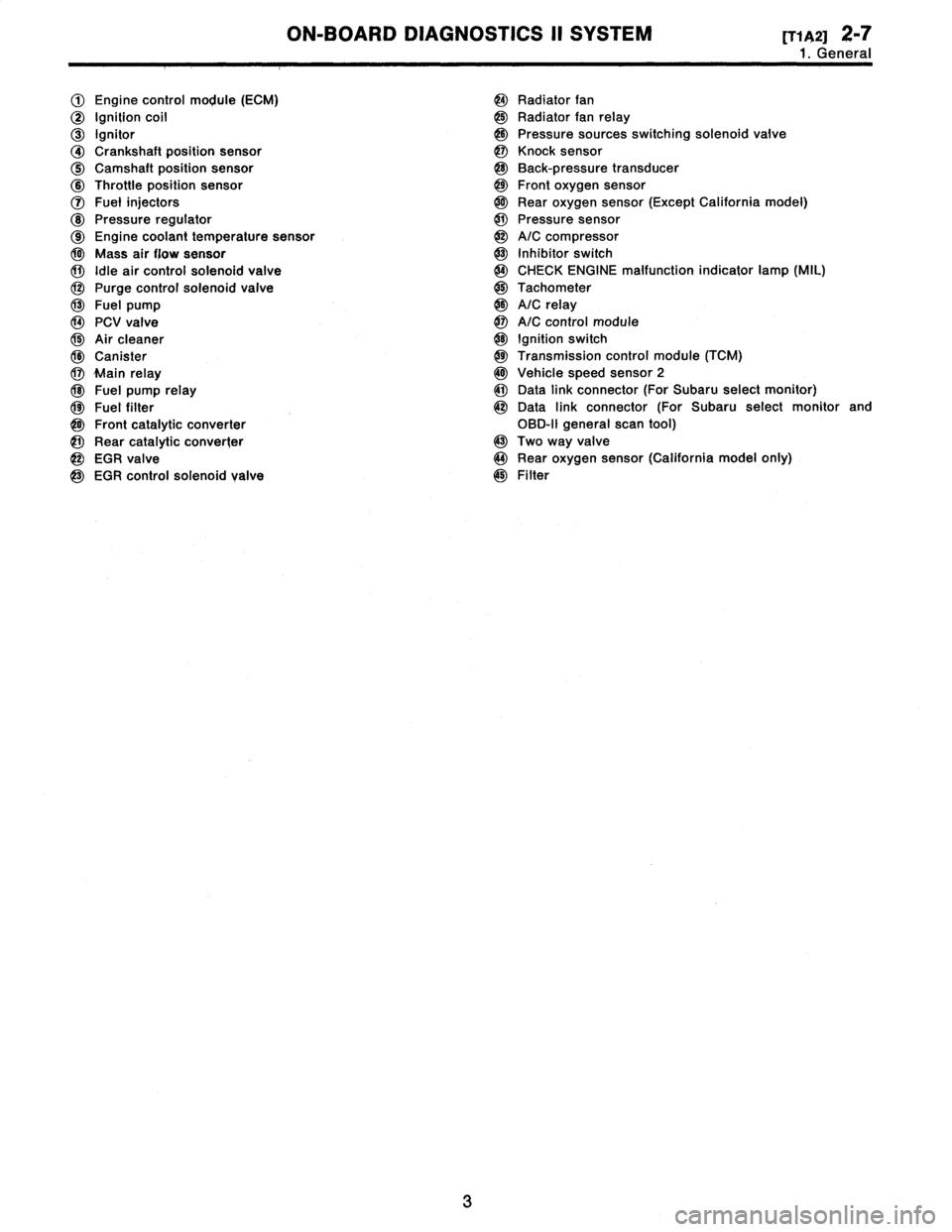 SUBARU LEGACY 1996  Service Repair Manual 
ON-BOARD
DIAGNOSTICS
II
SYSTEM
[Tiq2]
2-

1
.
General

1~
Engine
control
module
(ECM)
~
Radiator
fan

~2
Ignition
coil~s
Radiator
fan
relay

~3
Ignitqr
~s
Pressure
sources
switching
solenoid
valve

~