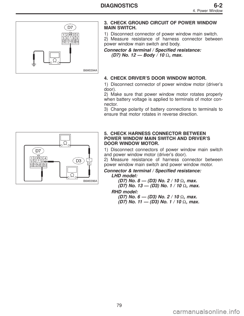 SUBARU LEGACY 1996  Service Repair Manual B6M0394A
3. CHECK GROUND CIRCUIT OF POWER WINDOW
MAIN SWITCH.
1) Disconnect connector of power window main switch.
2) Measure resistance of harness connector between
power window main switch and body.