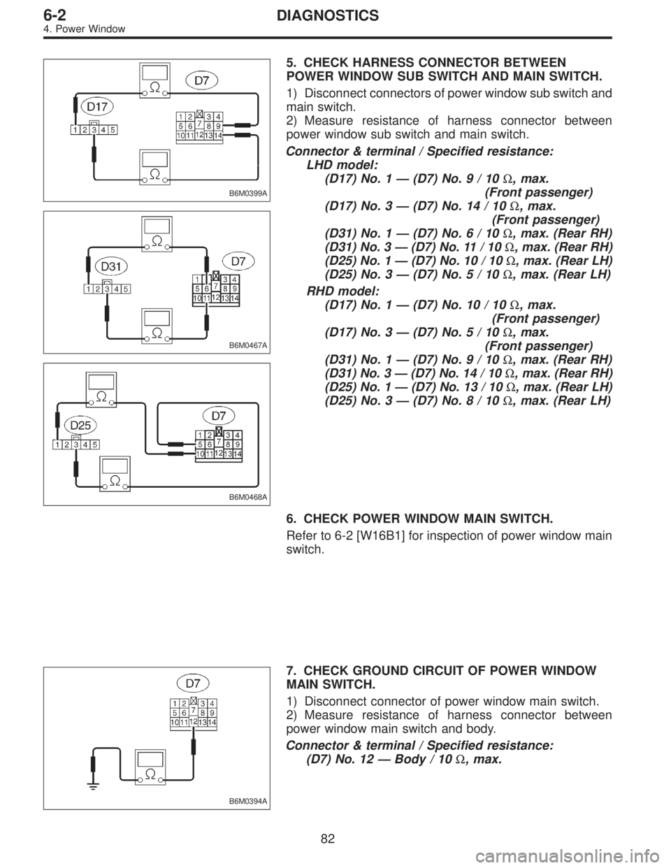 SUBARU LEGACY 1996  Service Repair Manual B6M0399A
B6M0467A
B6M0468A
5. CHECK HARNESS CONNECTOR BETWEEN
POWER WINDOW SUB SWITCH AND MAIN SWITCH.
1) Disconnect connectors of power window sub switch and
main switch.
2) Measure resistance of har