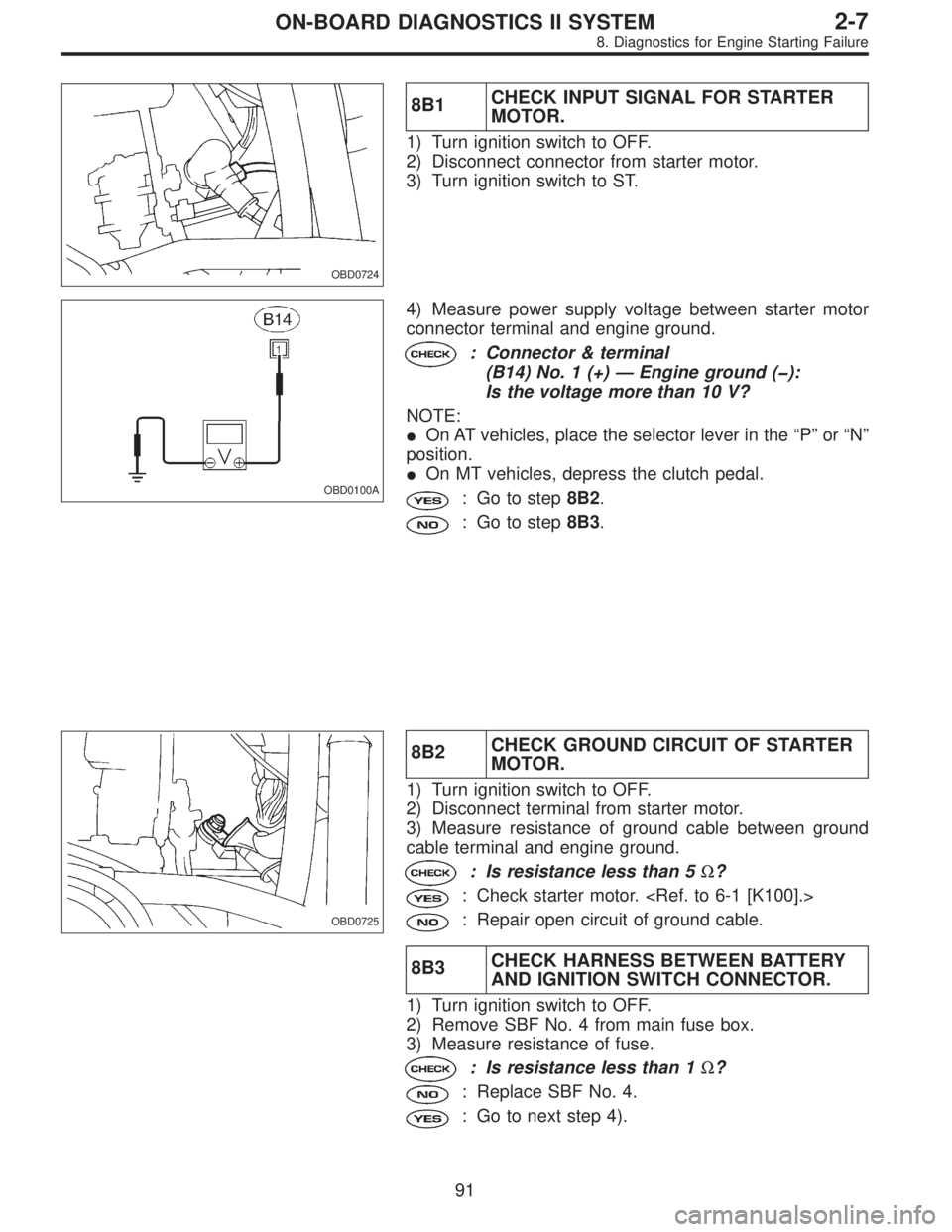 SUBARU LEGACY 1996  Service Repair Manual OBD0724
8B1CHECK INPUT SIGNAL FOR STARTER
MOTOR.
1) Turn ignition switch to OFF.
2) Disconnect connector from starter motor.
3) Turn ignition switch to ST.
OBD0100A
4) Measure power supply voltage bet