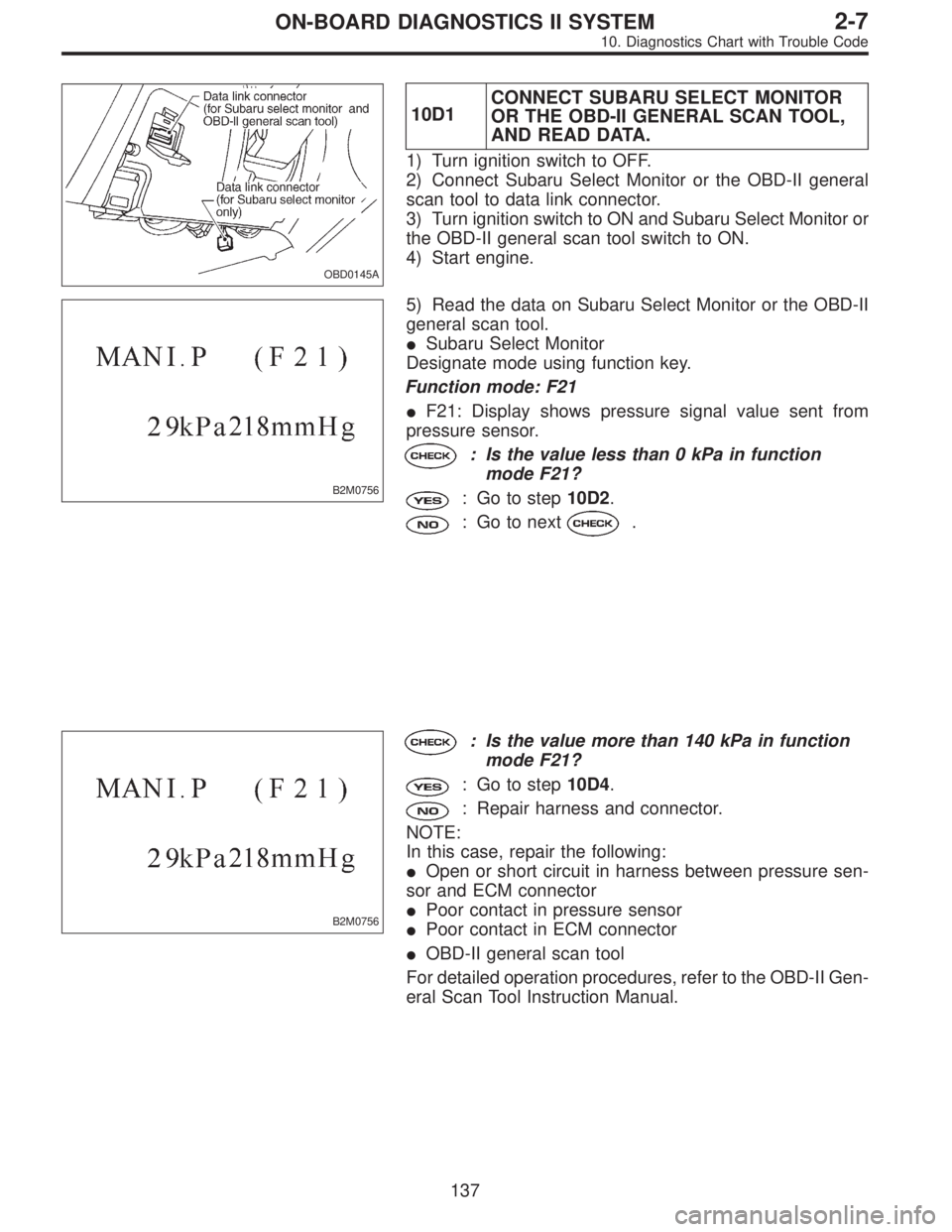 SUBARU LEGACY 1996  Service Repair Manual OBD0145A
10D1CONNECT SUBARU SELECT MONITOR
OR THE OBD-II GENERAL SCAN TOOL,
AND READ DATA.
1) Turn ignition switch to OFF.
2) Connect Subaru Select Monitor or the OBD-II general
scan tool to data link