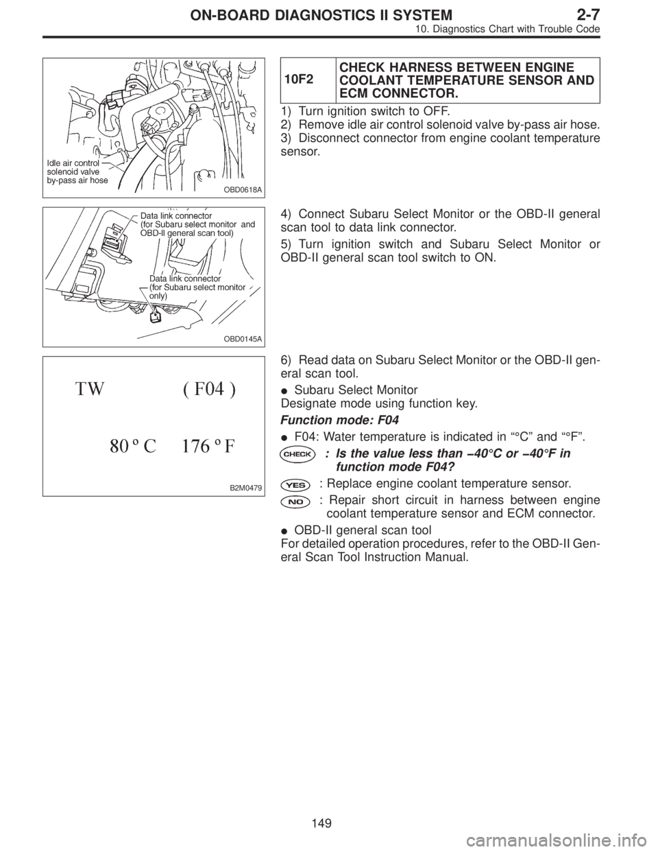 SUBARU LEGACY 1996  Service Repair Manual OBD0618A
10F2CHECK HARNESS BETWEEN ENGINE
COOLANT TEMPERATURE SENSOR AND
ECM CONNECTOR.
1) Turn ignition switch to OFF.
2) Remove idle air control solenoid valve by-pass air hose.
3) Disconnect connec