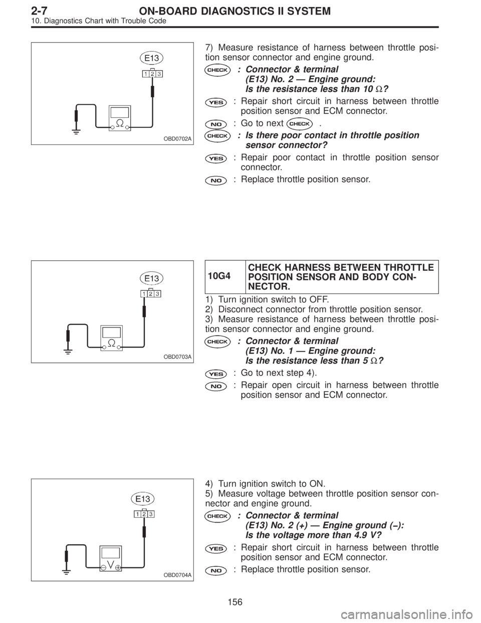 SUBARU LEGACY 1996  Service Repair Manual OBD0702A
7) Measure resistance of harness between throttle posi-
tion sensor connector and engine ground.
: Connector & terminal
(E13) No. 2—Engine ground:
Is the resistance less than 10Ω?
: Repai