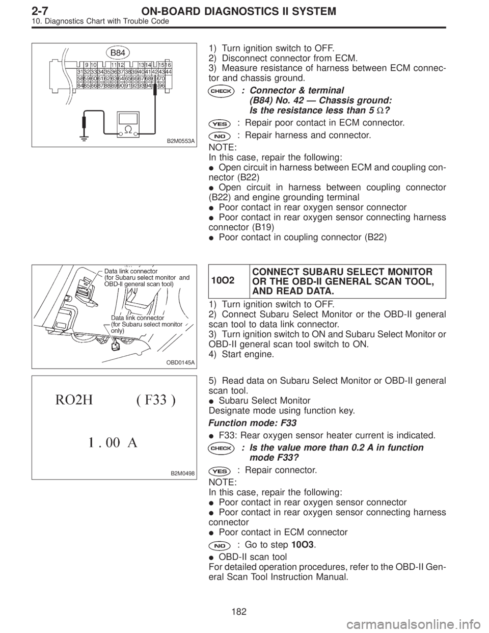 SUBARU LEGACY 1996  Service Repair Manual B2M0553A
1) Turn ignition switch to OFF.
2) Disconnect connector from ECM.
3) Measure resistance of harness between ECM connec-
tor and chassis ground.
: Connector & terminal
(B84) No. 42—Chassis gr