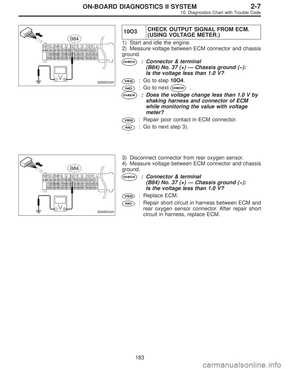 SUBARU LEGACY 1996  Service Repair Manual B2M0554A
10O3CHECK OUTPUT SIGNAL FROM ECM.
(USING VOLTAGE METER.)
1) Start and idle the engine.
2) Measure voltage between ECM connector and chassis
ground.
: Connector & terminal
(B84) No. 37 (+)—C