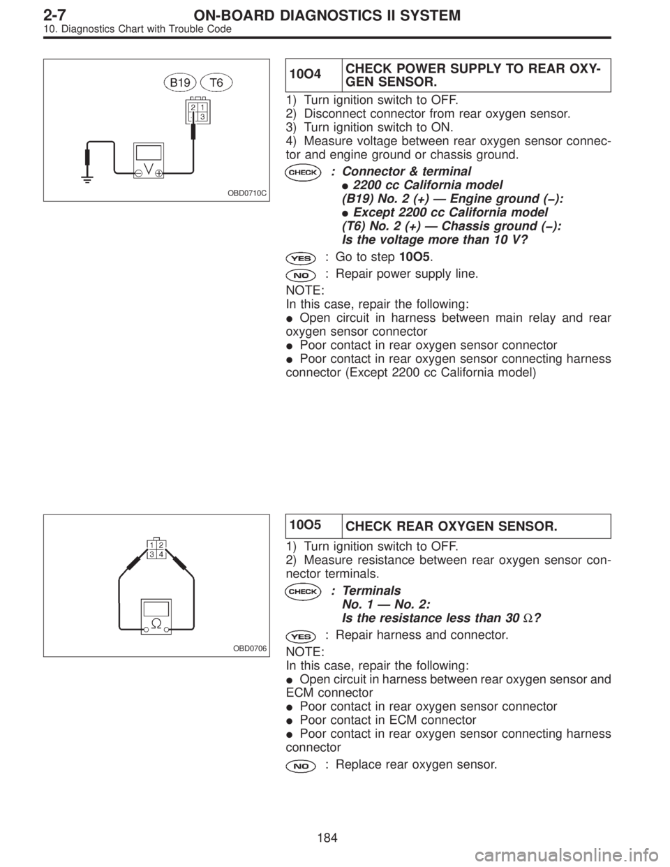SUBARU LEGACY 1996  Service Repair Manual OBD0710C
10O4CHECK POWER SUPPLY TO REAR OXY-
GEN SENSOR.
1) Turn ignition switch to OFF.
2) Disconnect connector from rear oxygen sensor.
3) Turn ignition switch to ON.
4) Measure voltage between rear
