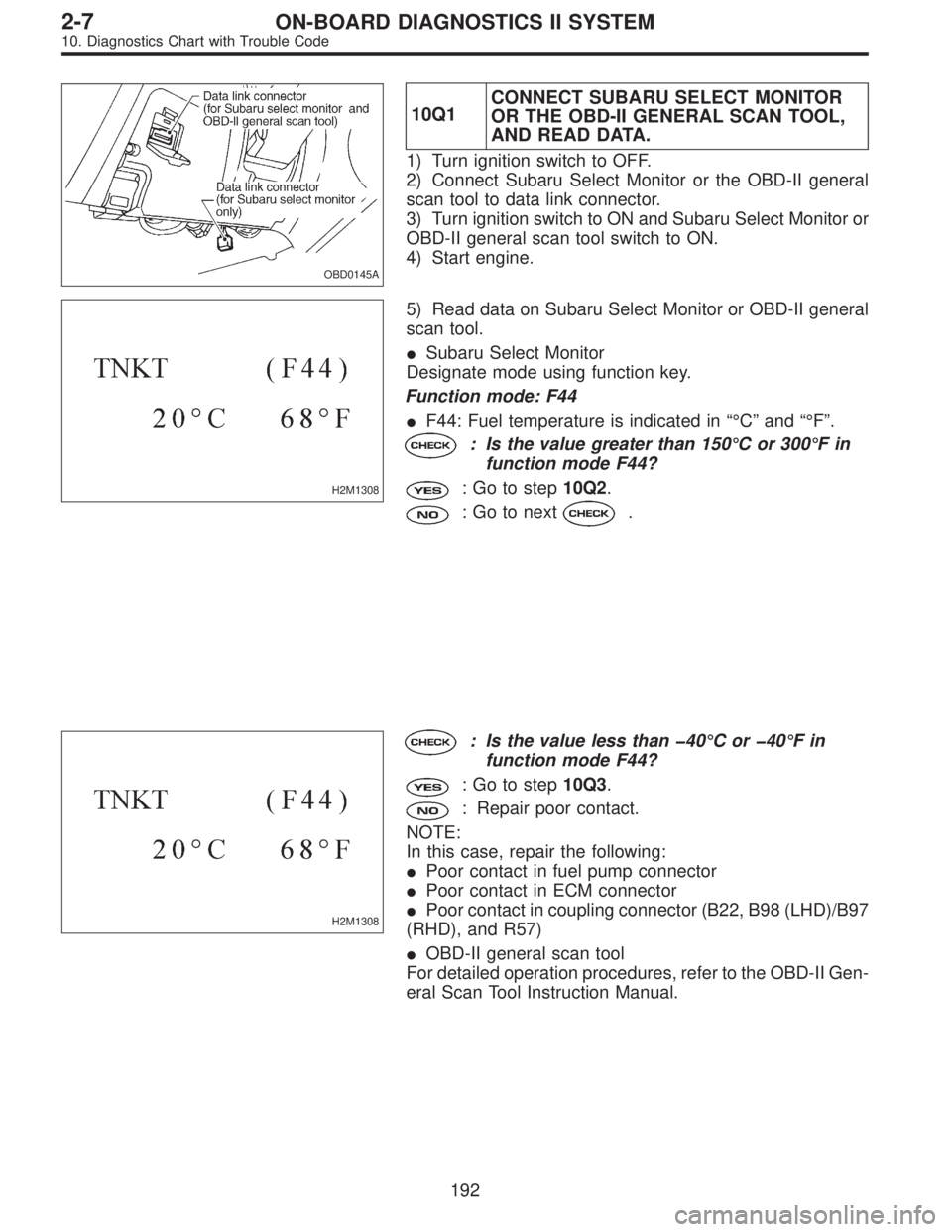 SUBARU LEGACY 1996  Service Repair Manual OBD0145A
10Q1CONNECT SUBARU SELECT MONITOR
OR THE OBD-II GENERAL SCAN TOOL,
AND READ DATA.
1) Turn ignition switch to OFF.
2) Connect Subaru Select Monitor or the OBD-II general
scan tool to data link